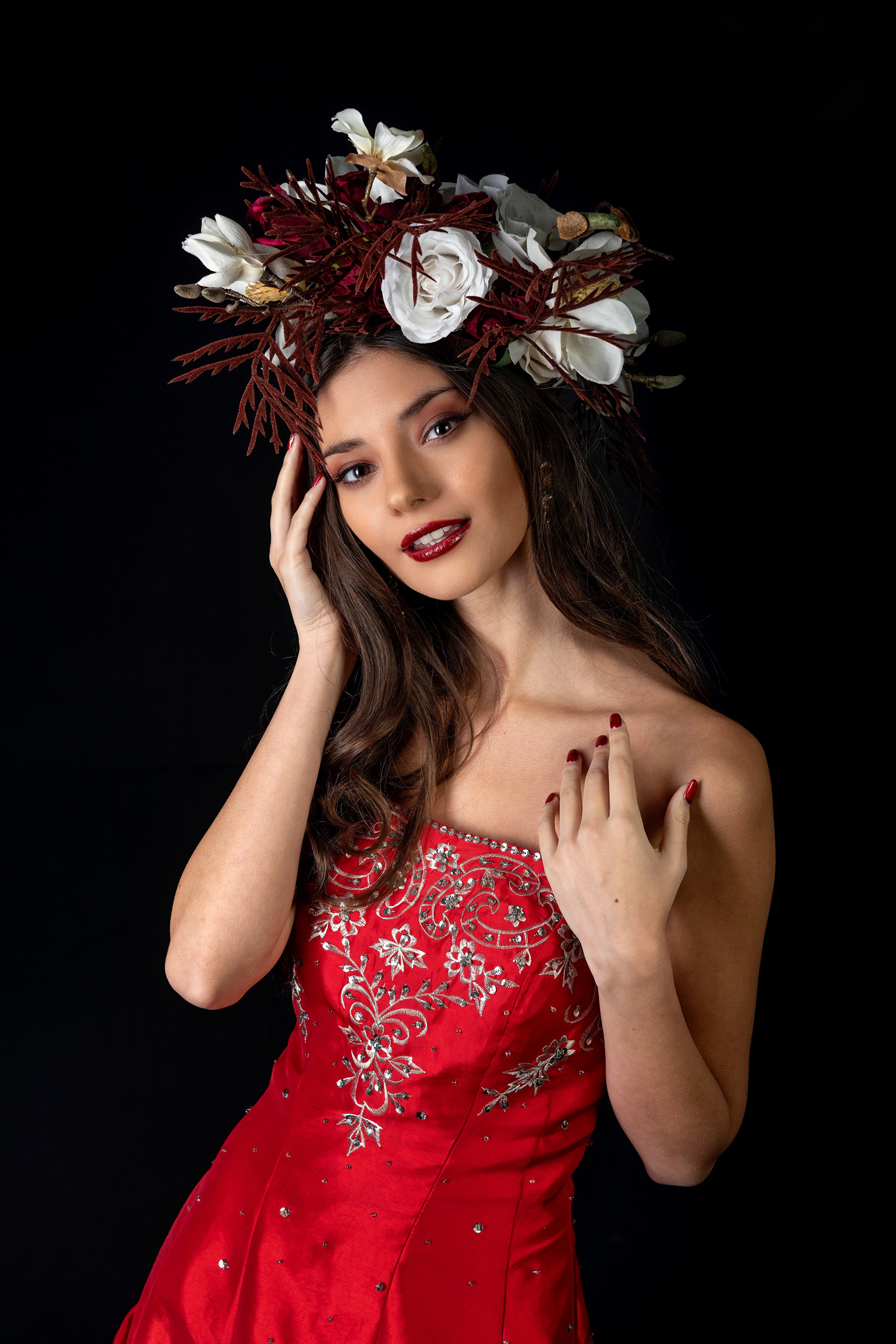 Woman wearing a red dress and flower wreath HD Phone Wallpaper