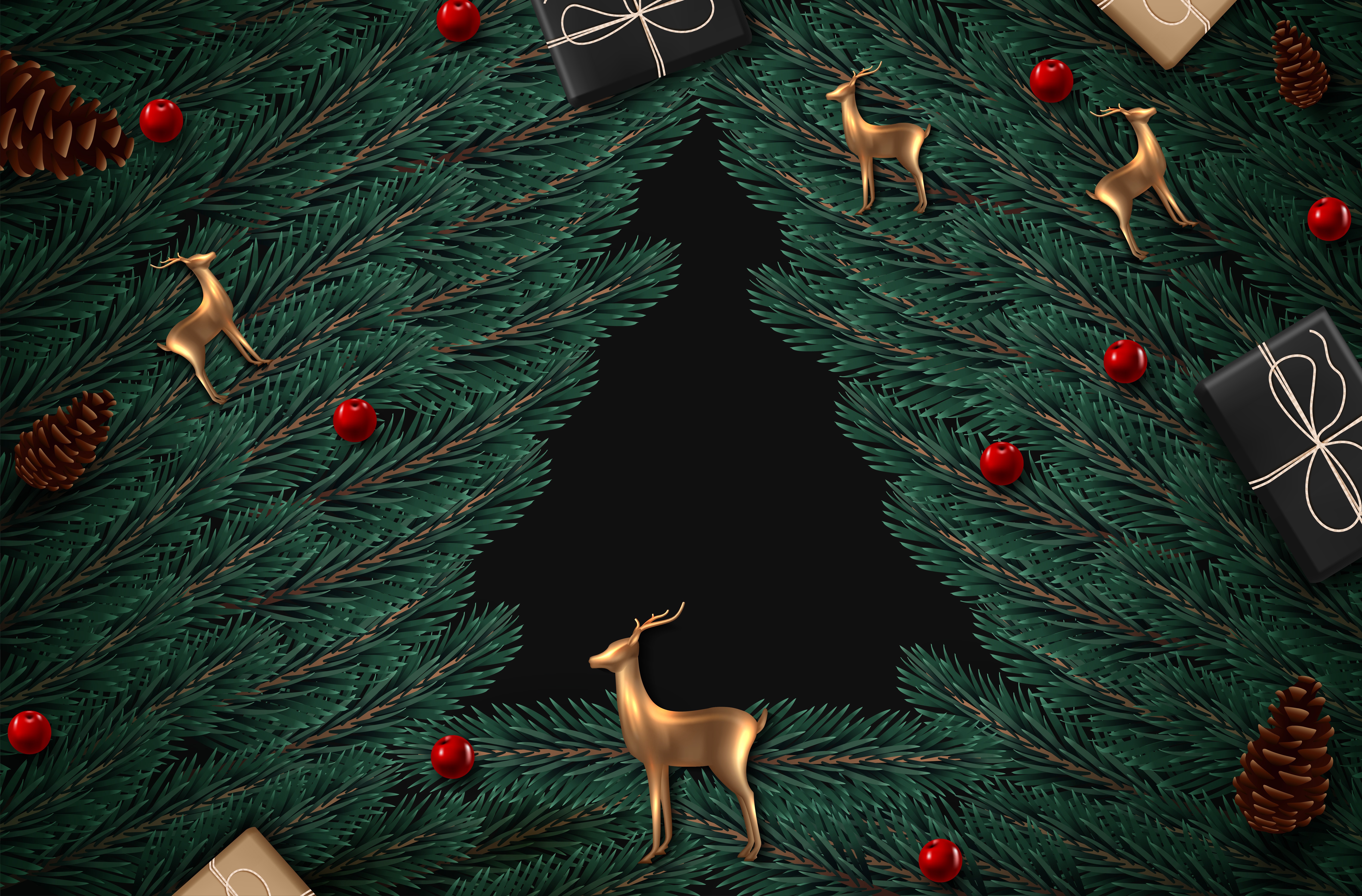 Christmas tree branches with deer, gifts, and pine cones HD Wallpaper