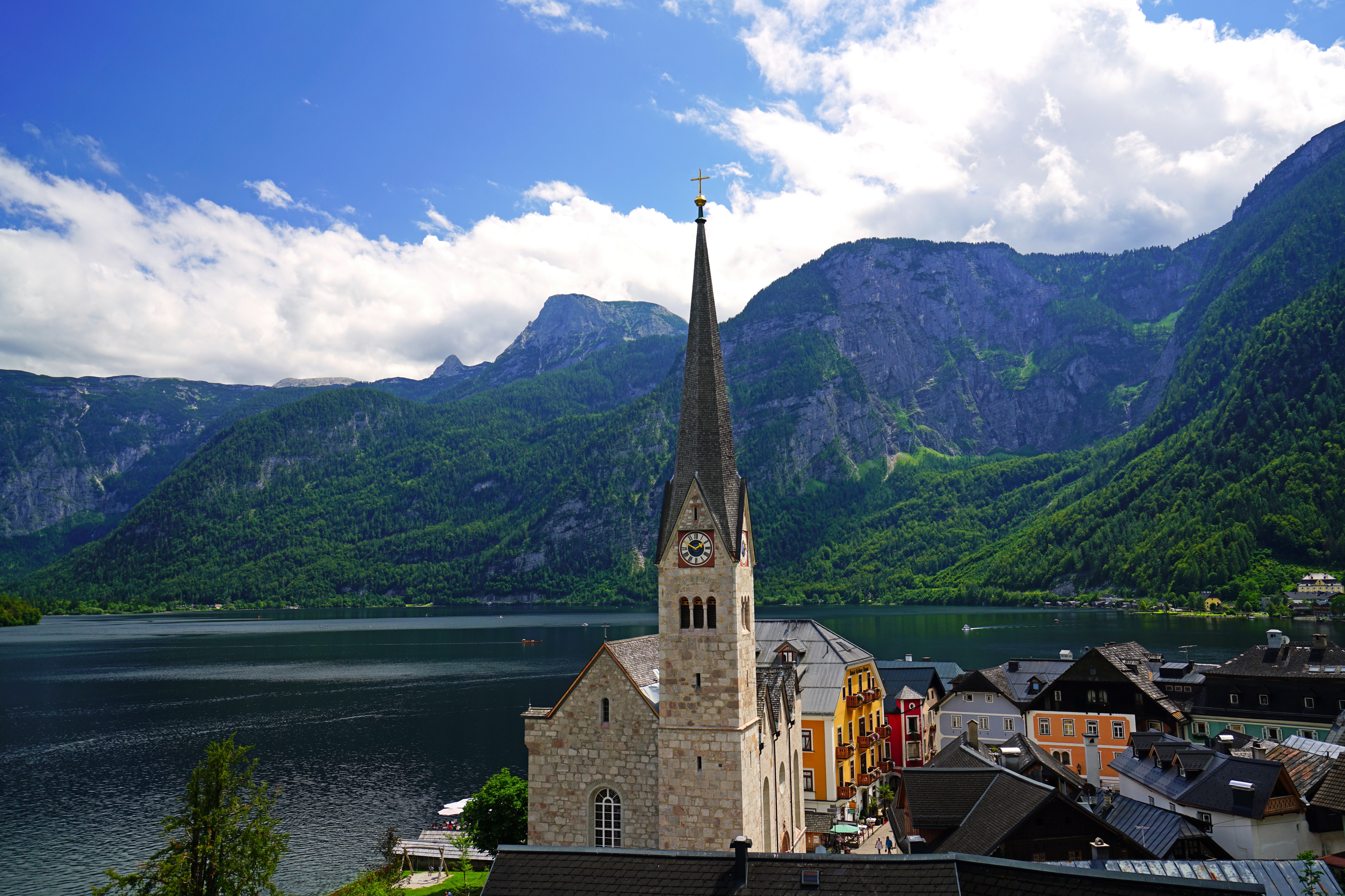 Hallstatt Austria Mountains Lake Houses Alps Clouds HD Wallpaper