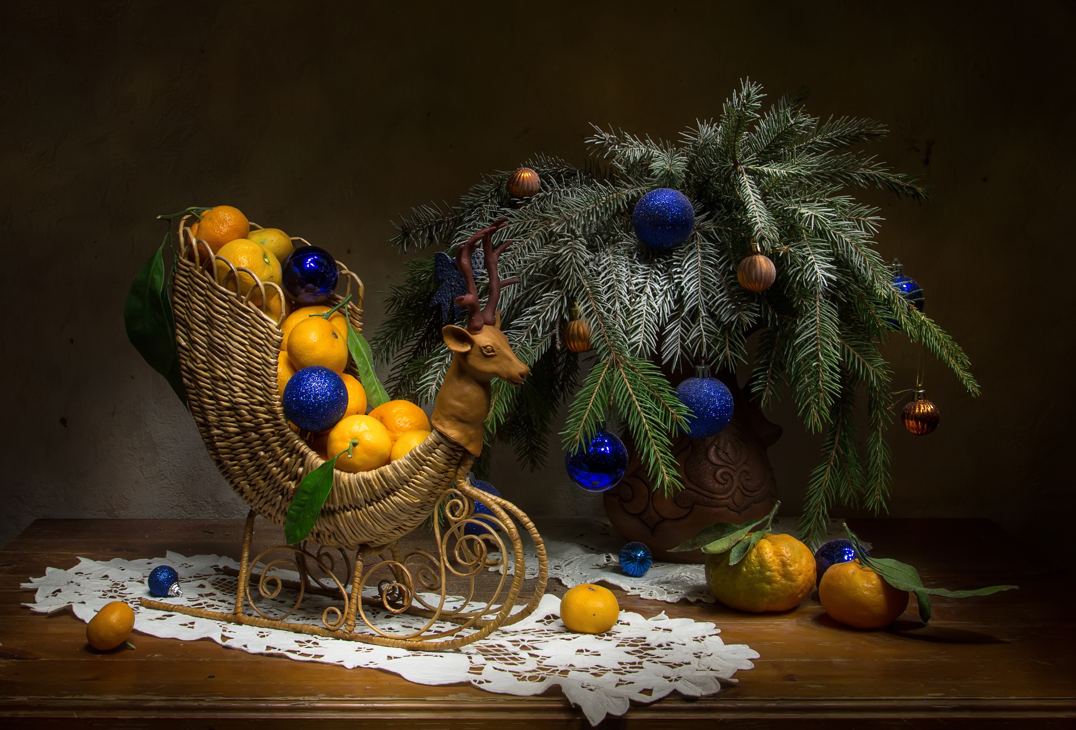 Christmas Sled with Mandarins and Ornaments HD Wallpaper