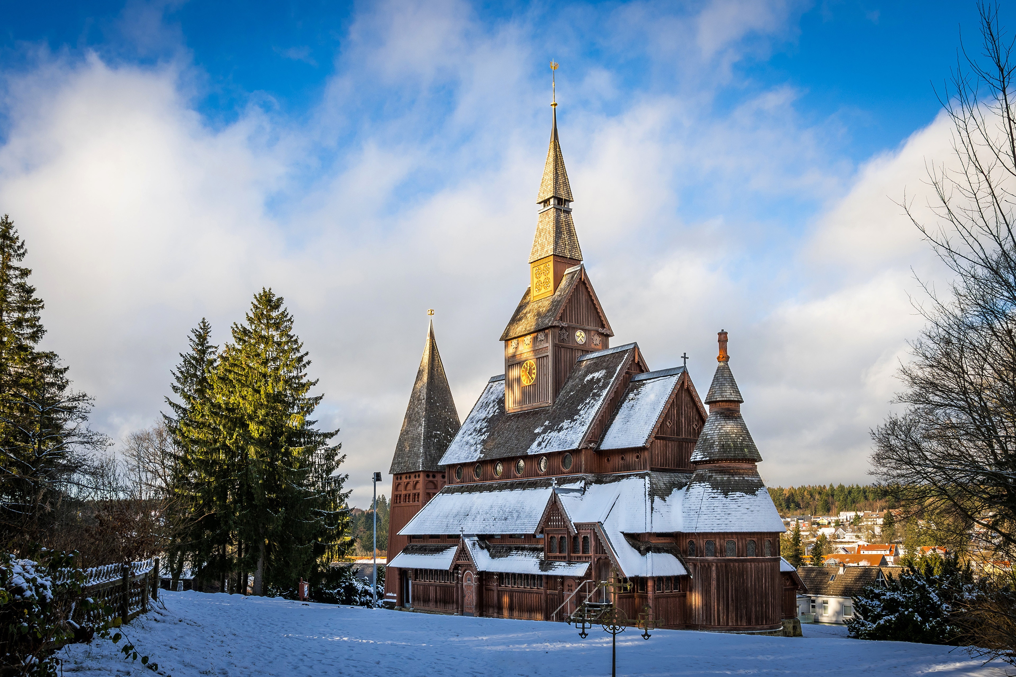 Stave Church in Winter Snow, Goslar, Germany HD Wallpaper