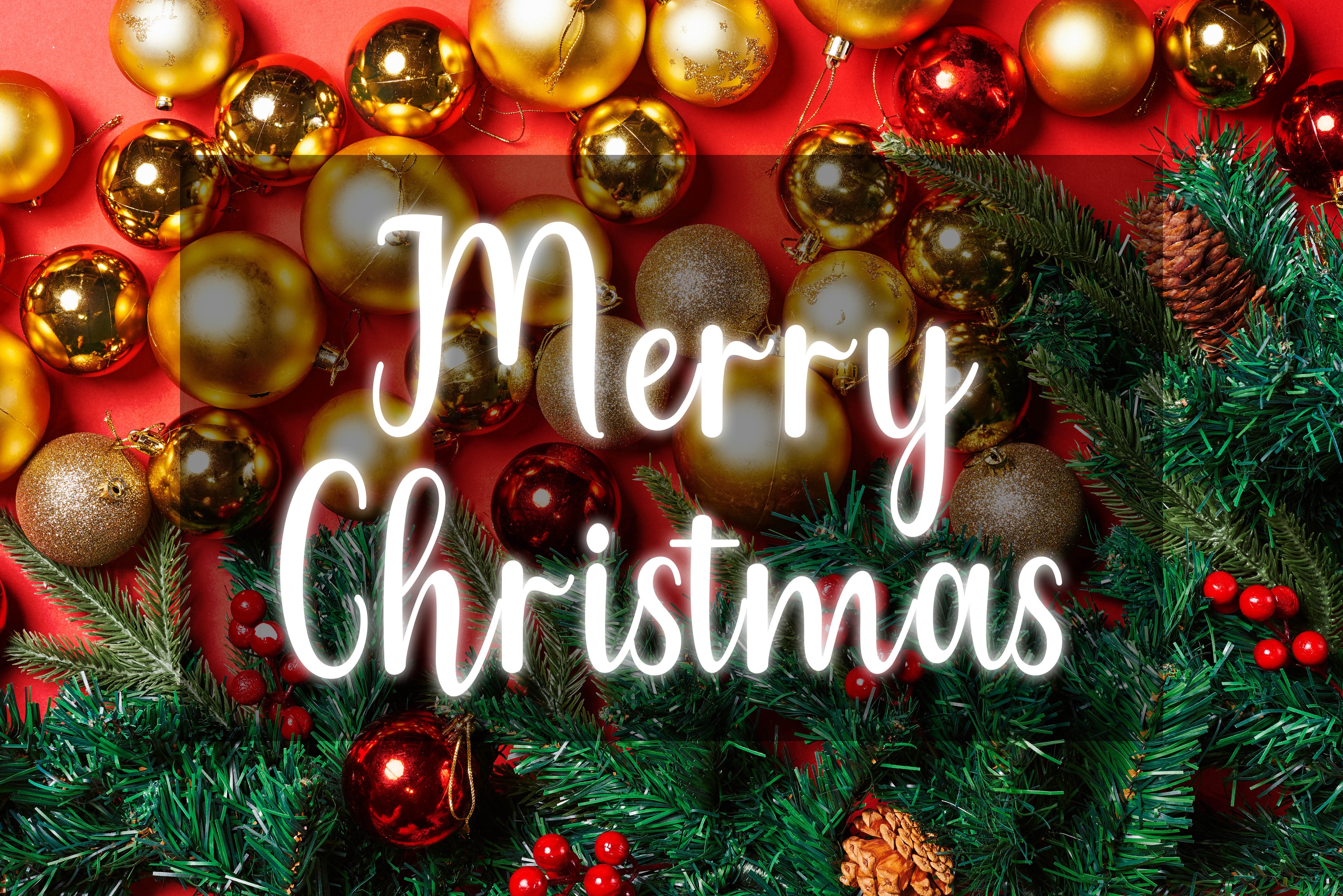 Merry Christmas with Ornaments and Pine Branches HD Wallpaper