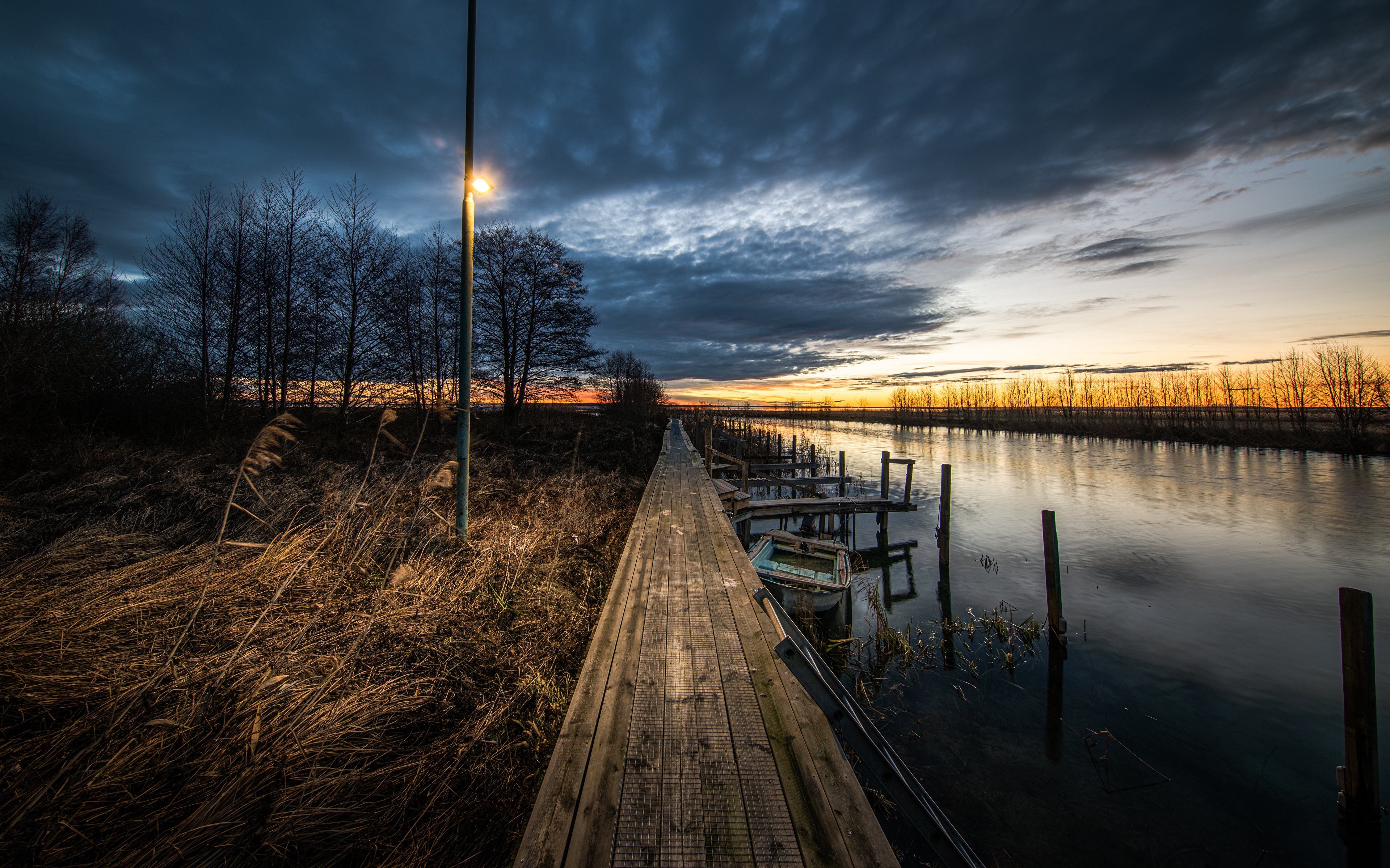 Wooden pier and river at sunrise in Sweden HD Wallpaper