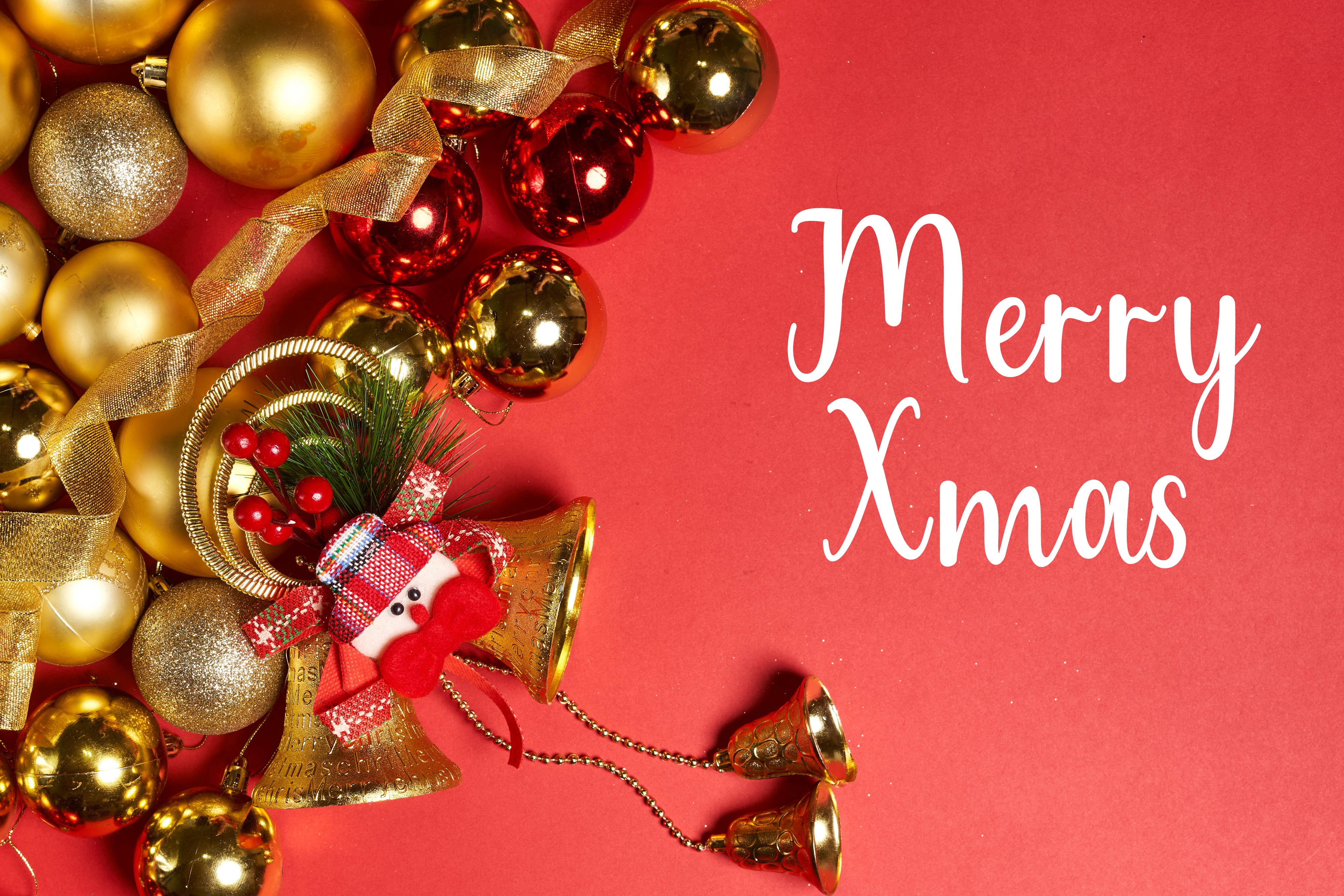Christmas ornaments and bells with Merry Xmas text HD Wallpaper