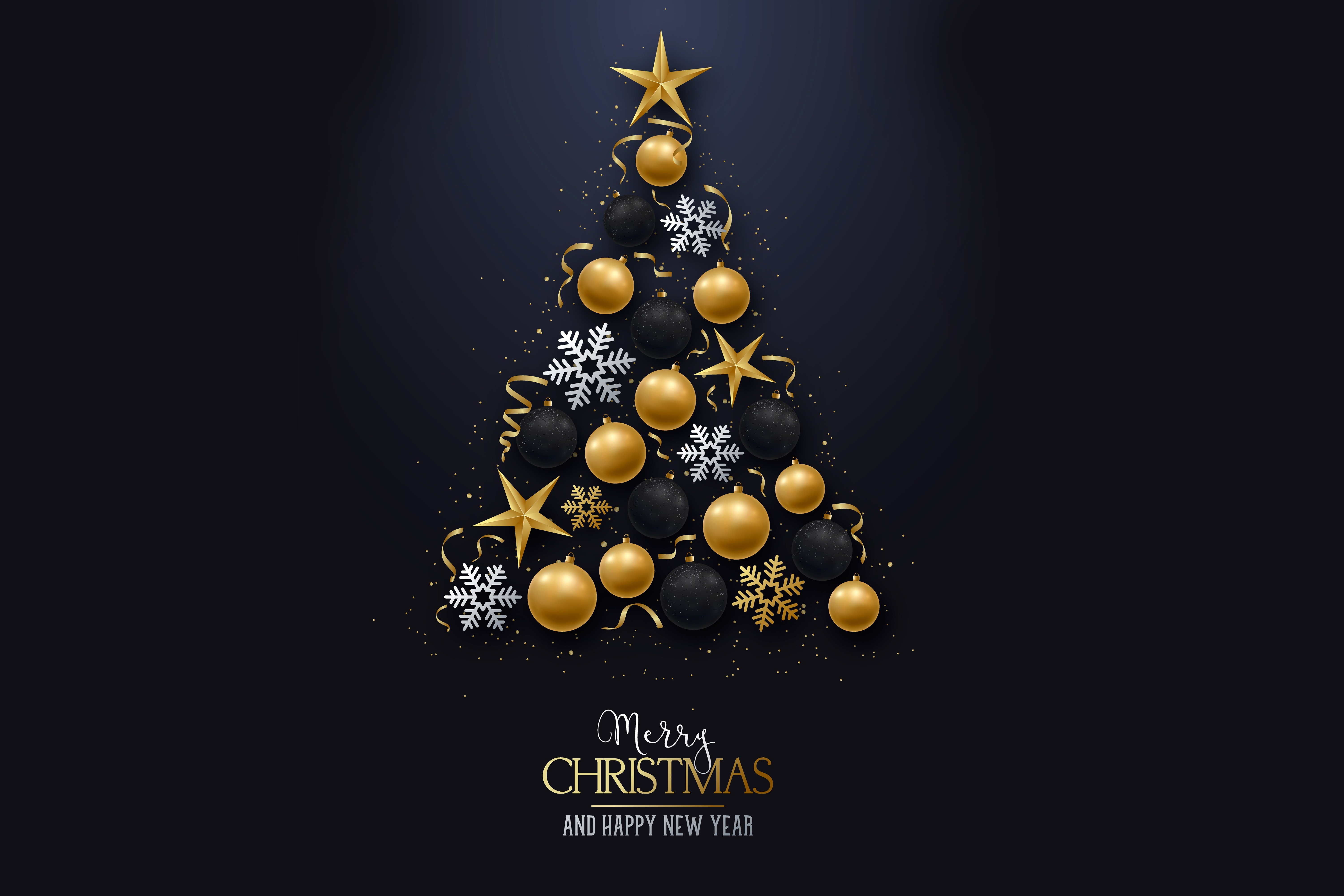 Christmas tree with gold and black ornaments and snowflakes HD Wallpaper