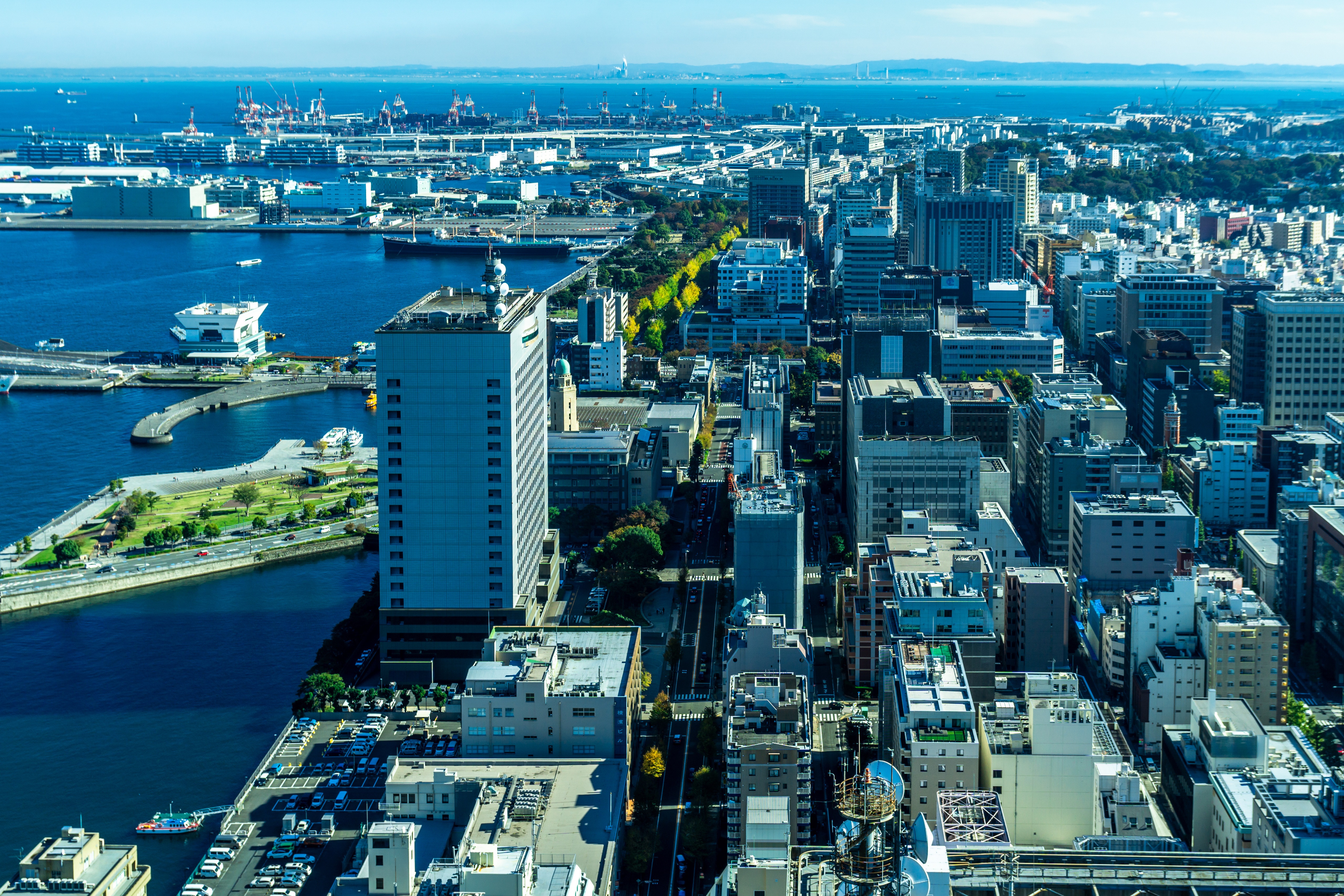 Yokohama Cityscape with Harbor and Buildings from Above HD Wallpaper
