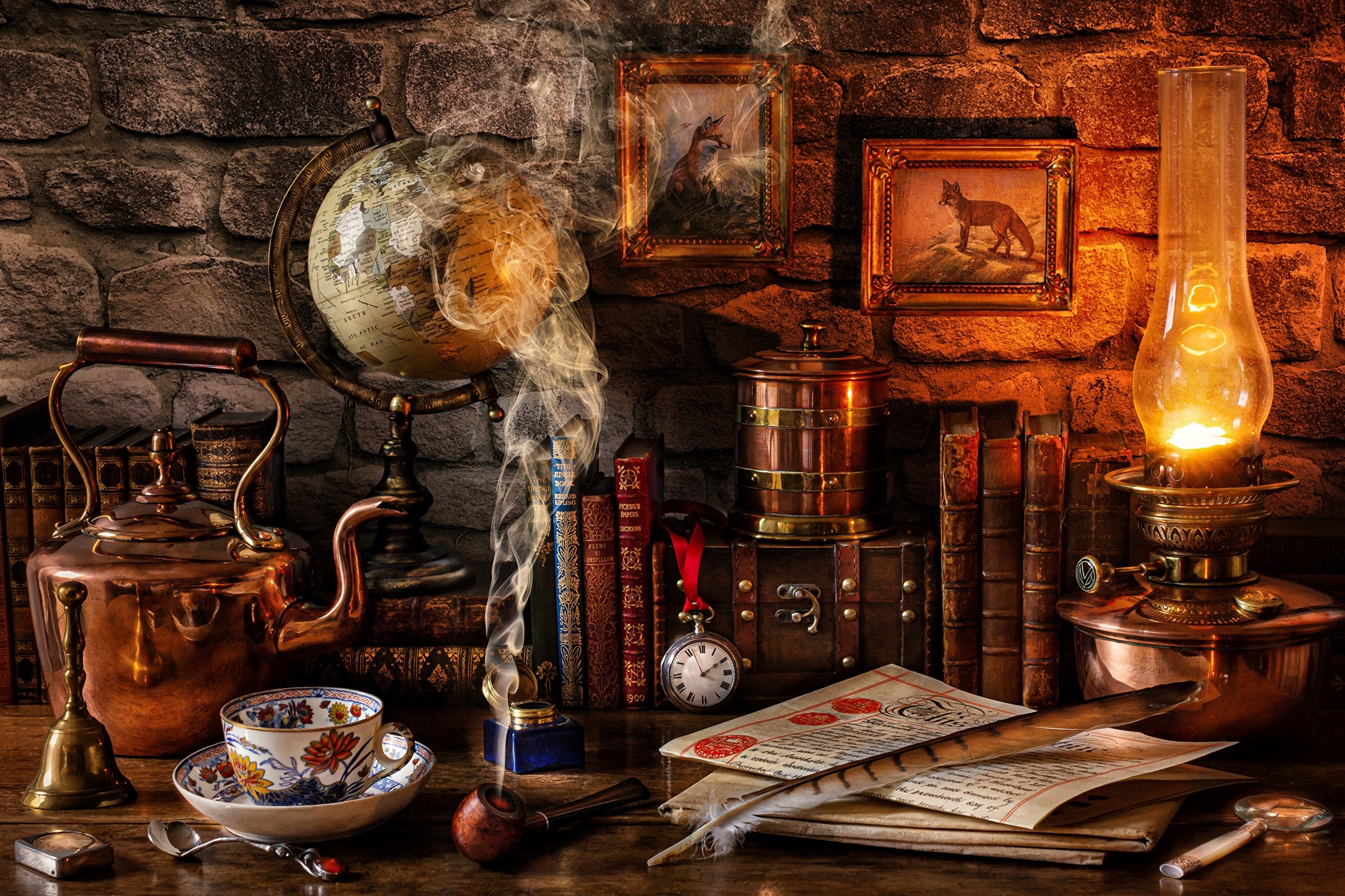 Still life with kettle, globe, books, and oil lamp HD Wallpaper