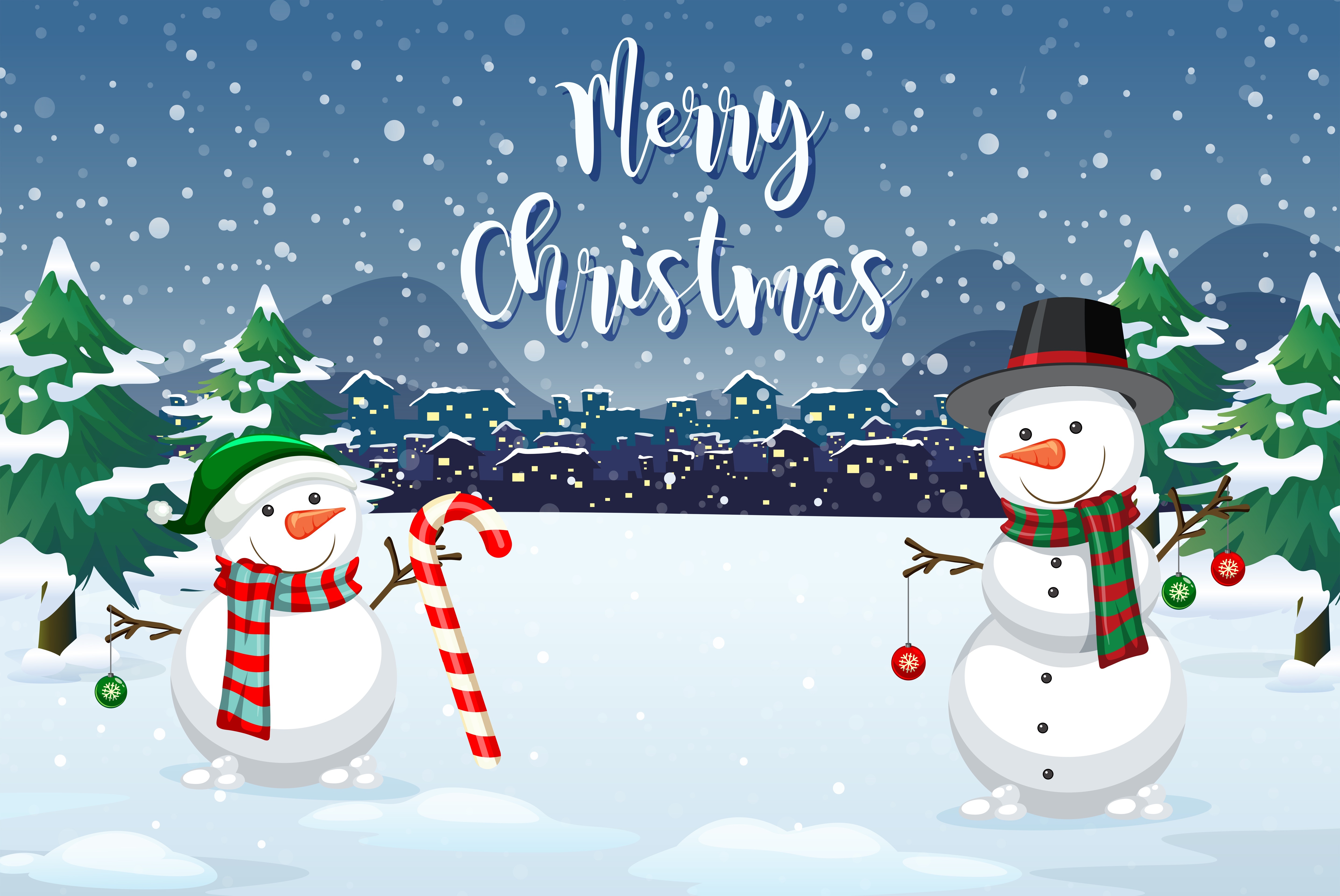 Merry Christmas Snowmen with Candy Cane and Ornaments HD Wallpaper