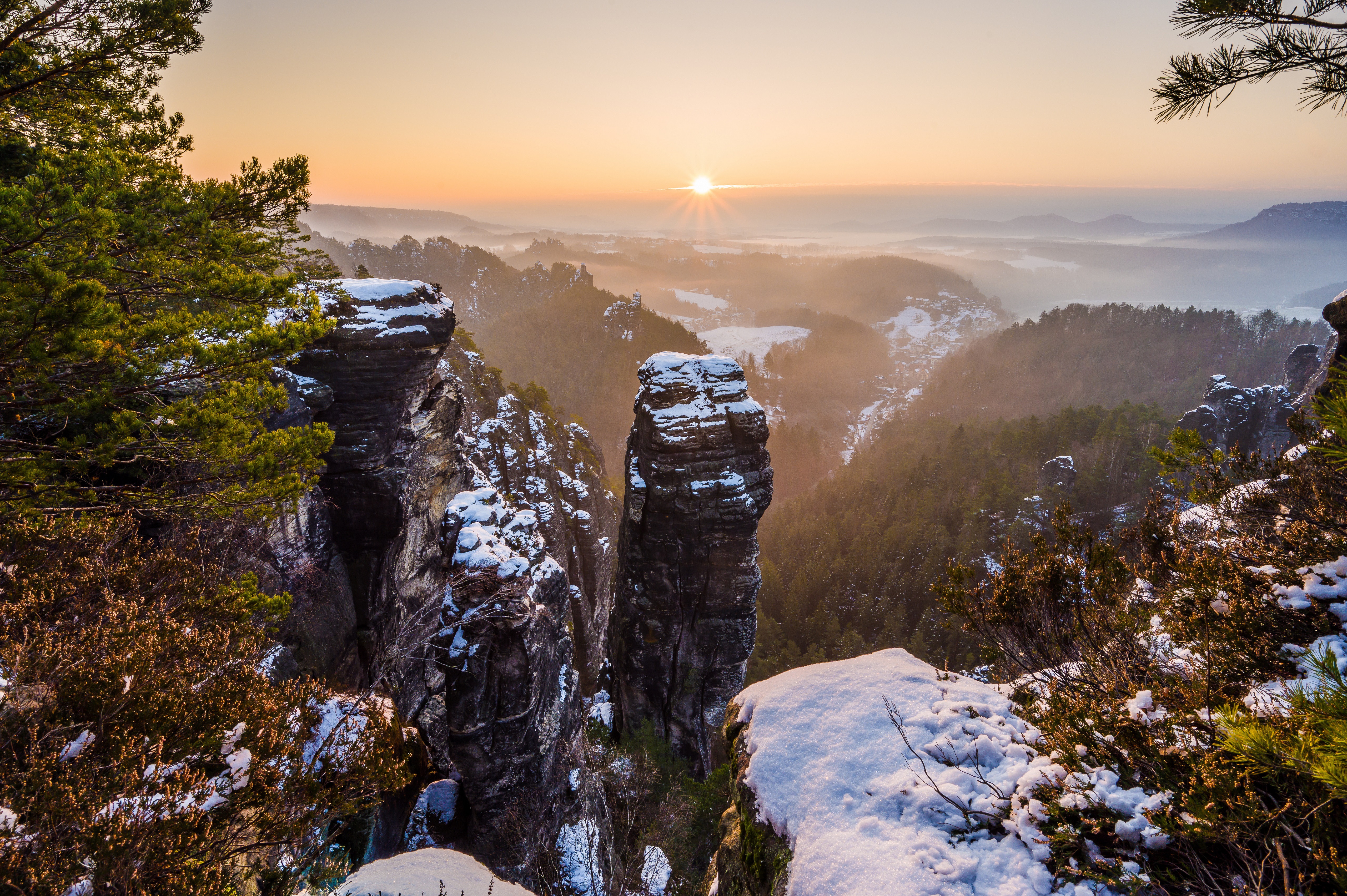 Snowy Mountains at Sunrise in Saxony, Germany HD Wallpaper