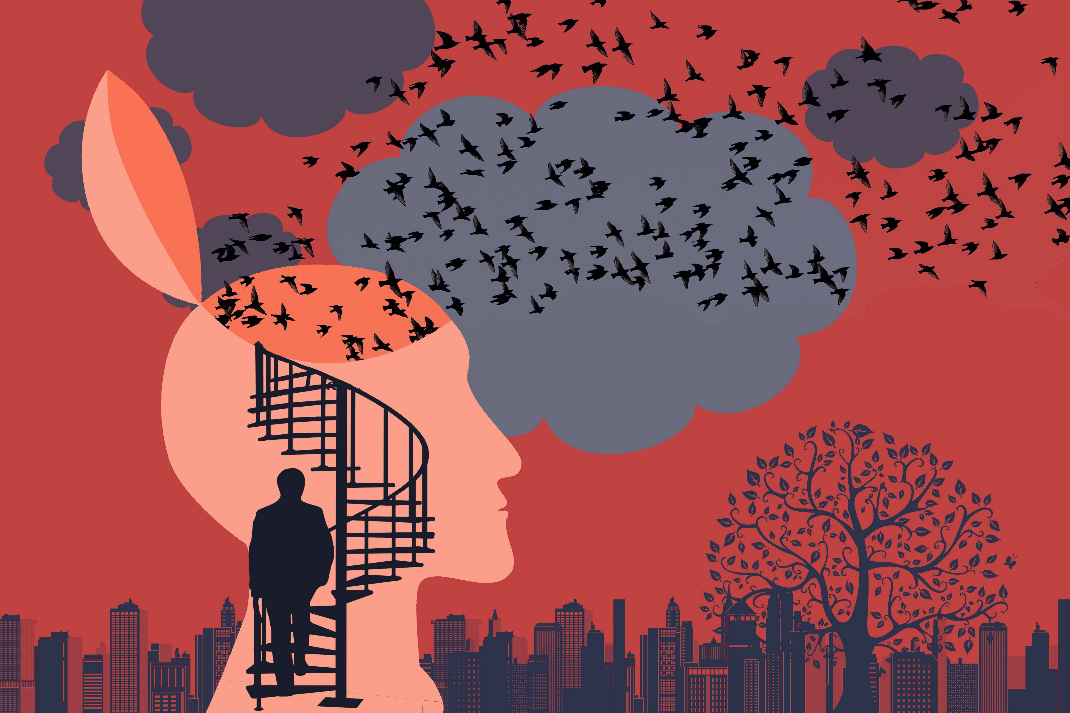 Man climbing stairs inside head with birds flying out HD Wallpaper