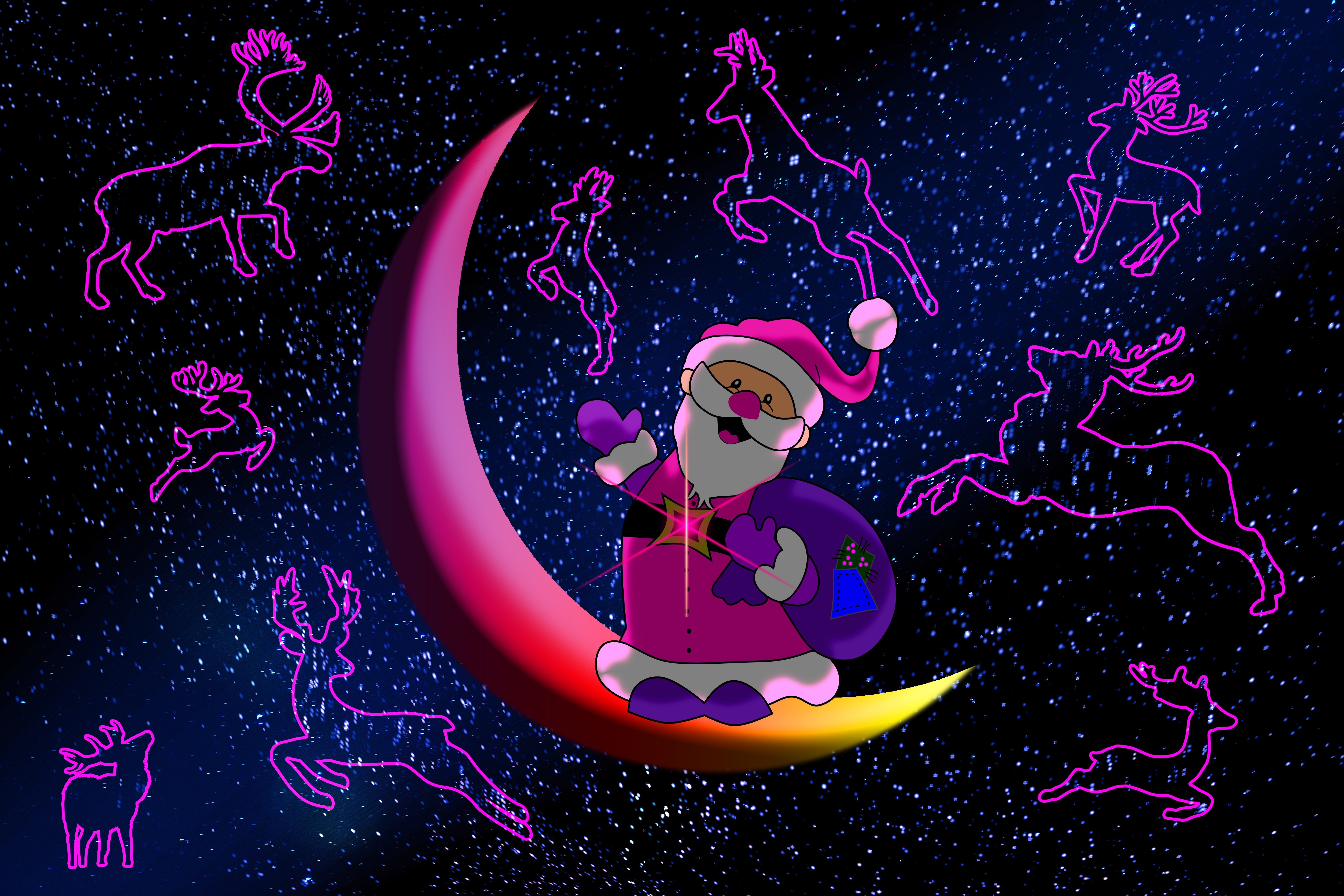 Santa Claus on a Crescent Moon with Reindeer HD Wallpaper