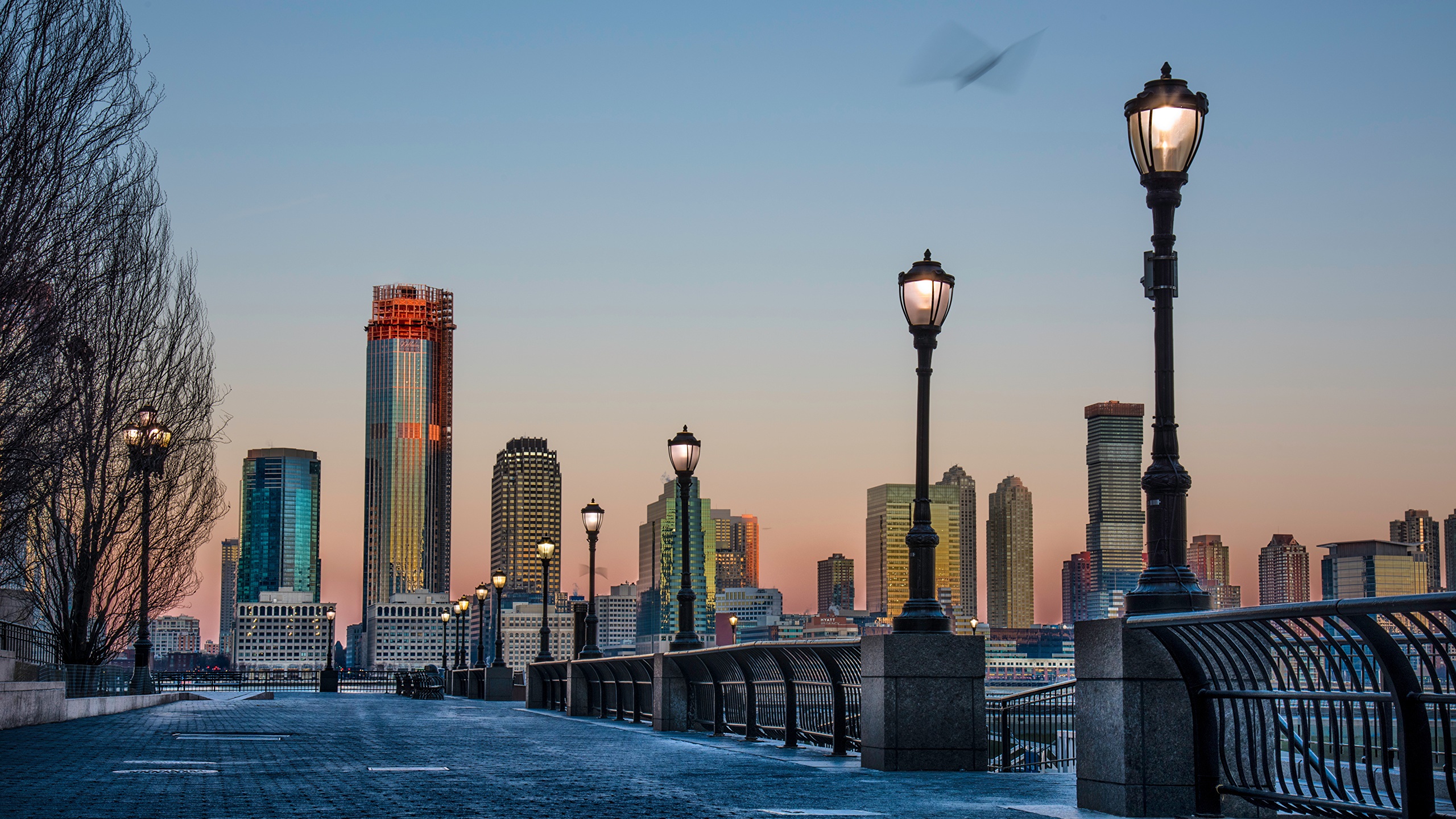 New York City skyline with street lights at dusk HD Wallpaper