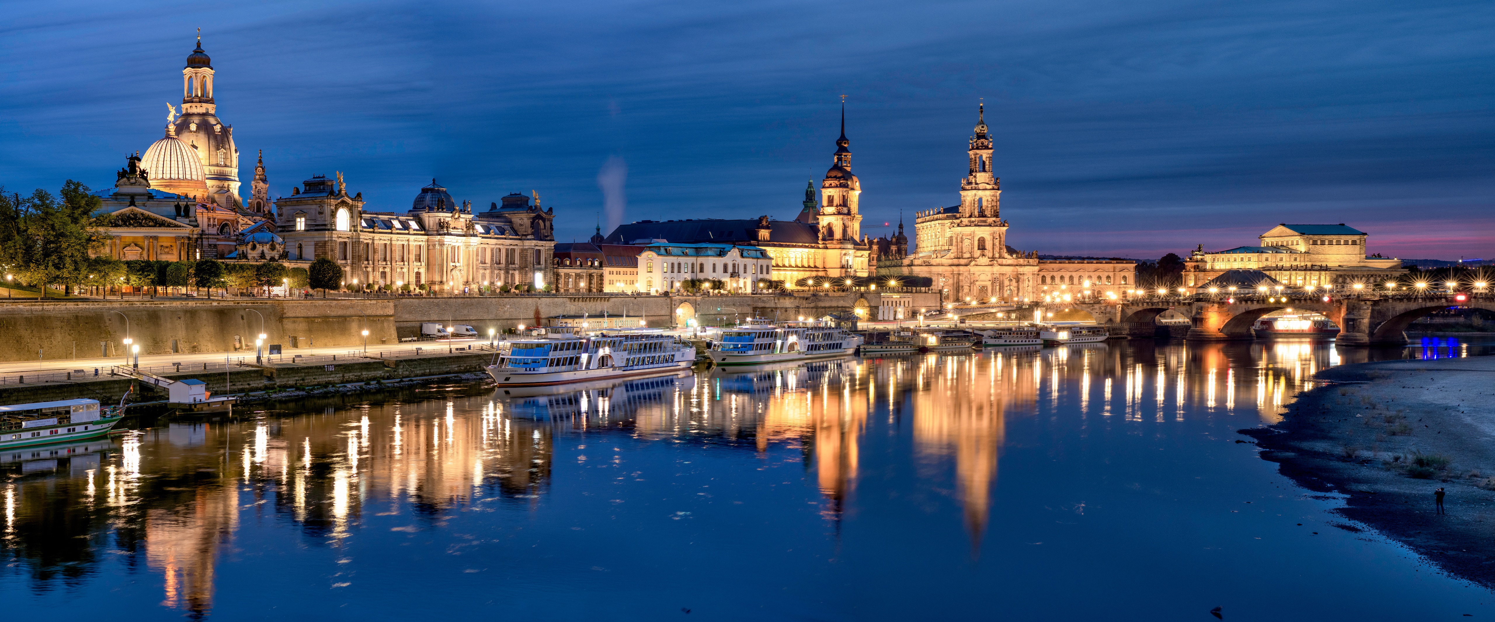 Dresden Panorama with Riverboats and Bridges at Dusk HD Wallpaper
