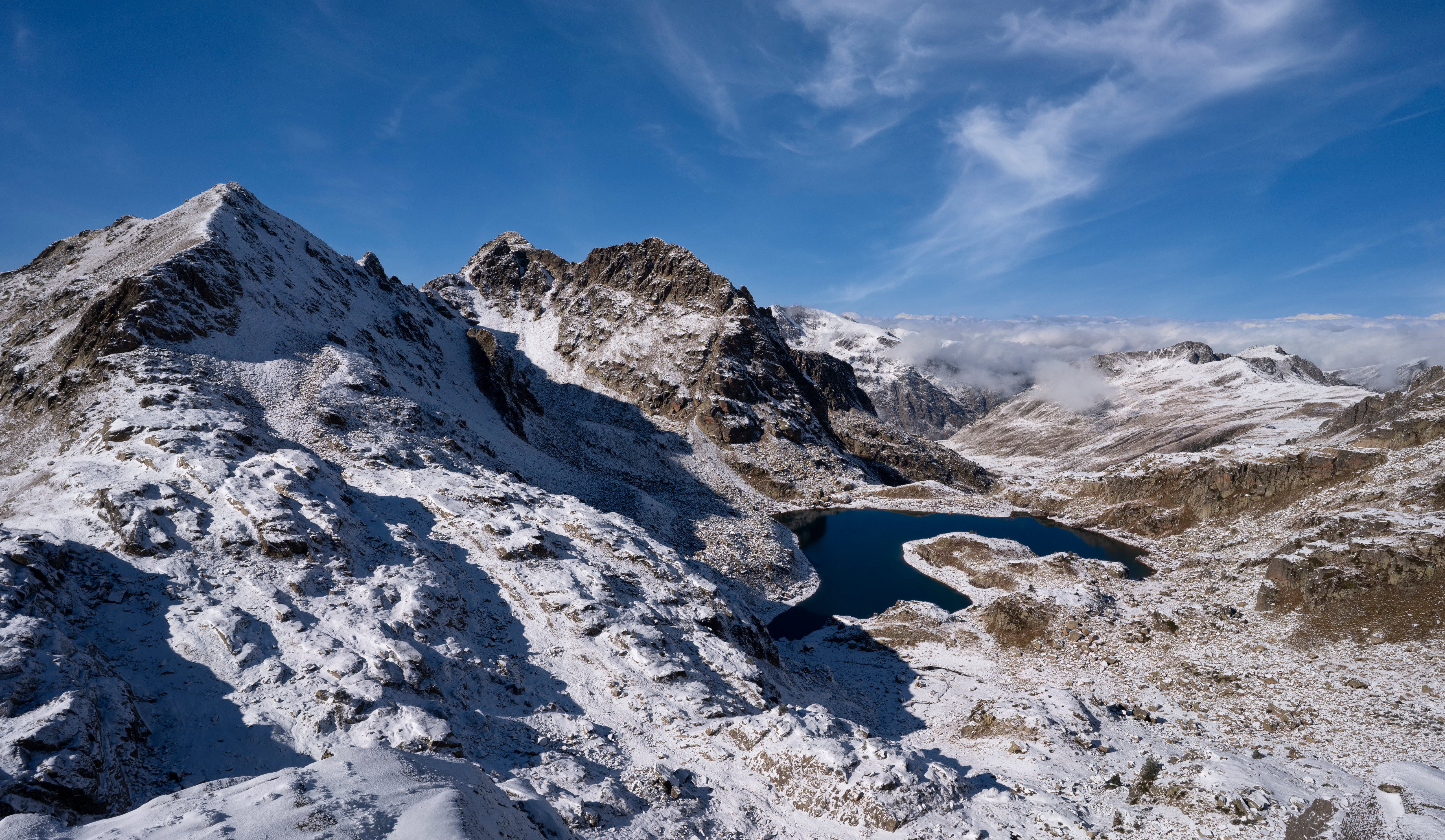 Snow-covered mountains and lake in France HD Wallpaper