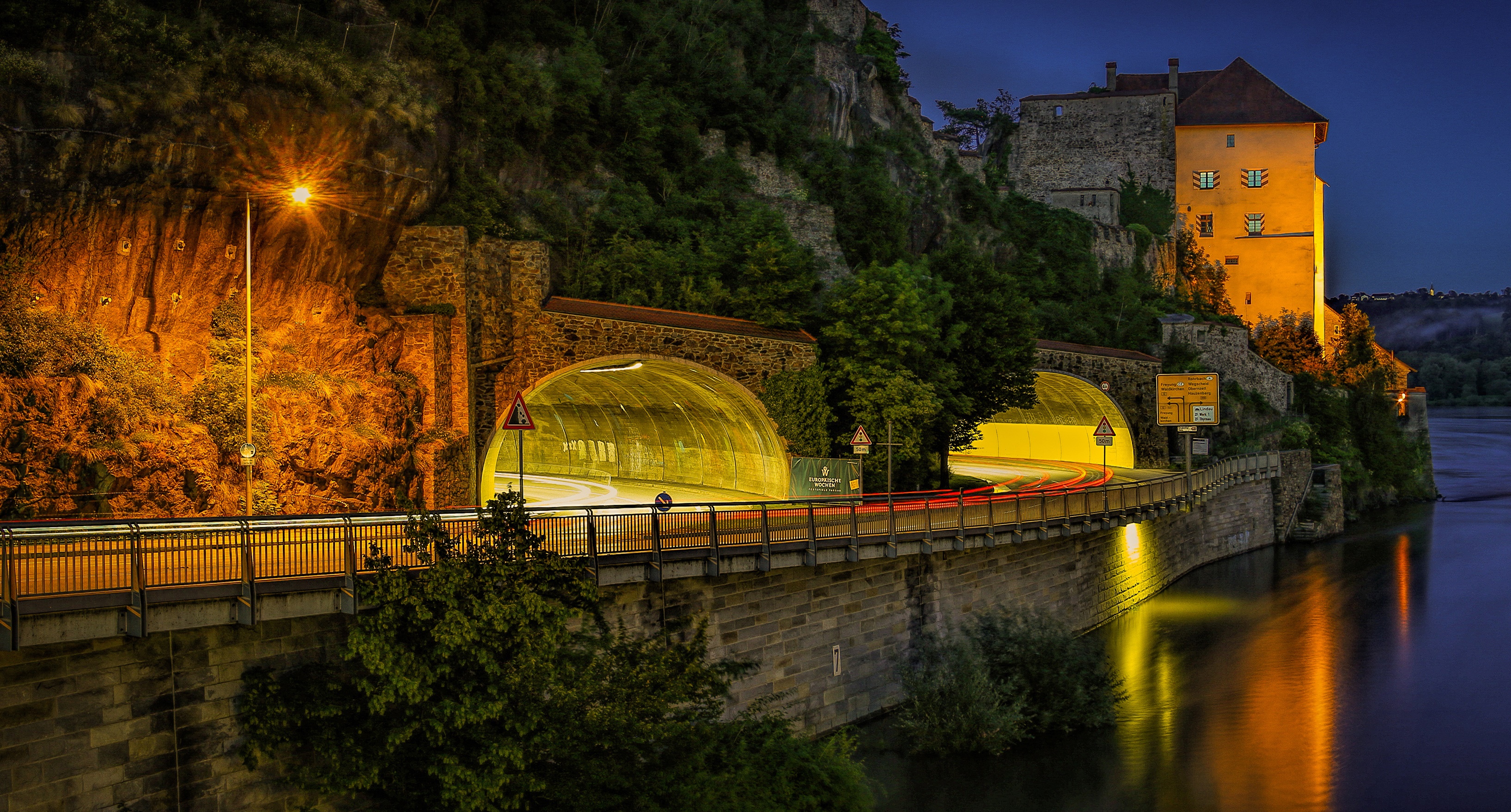 Passau, Germany at night with tunnels and castle HD Wallpaper