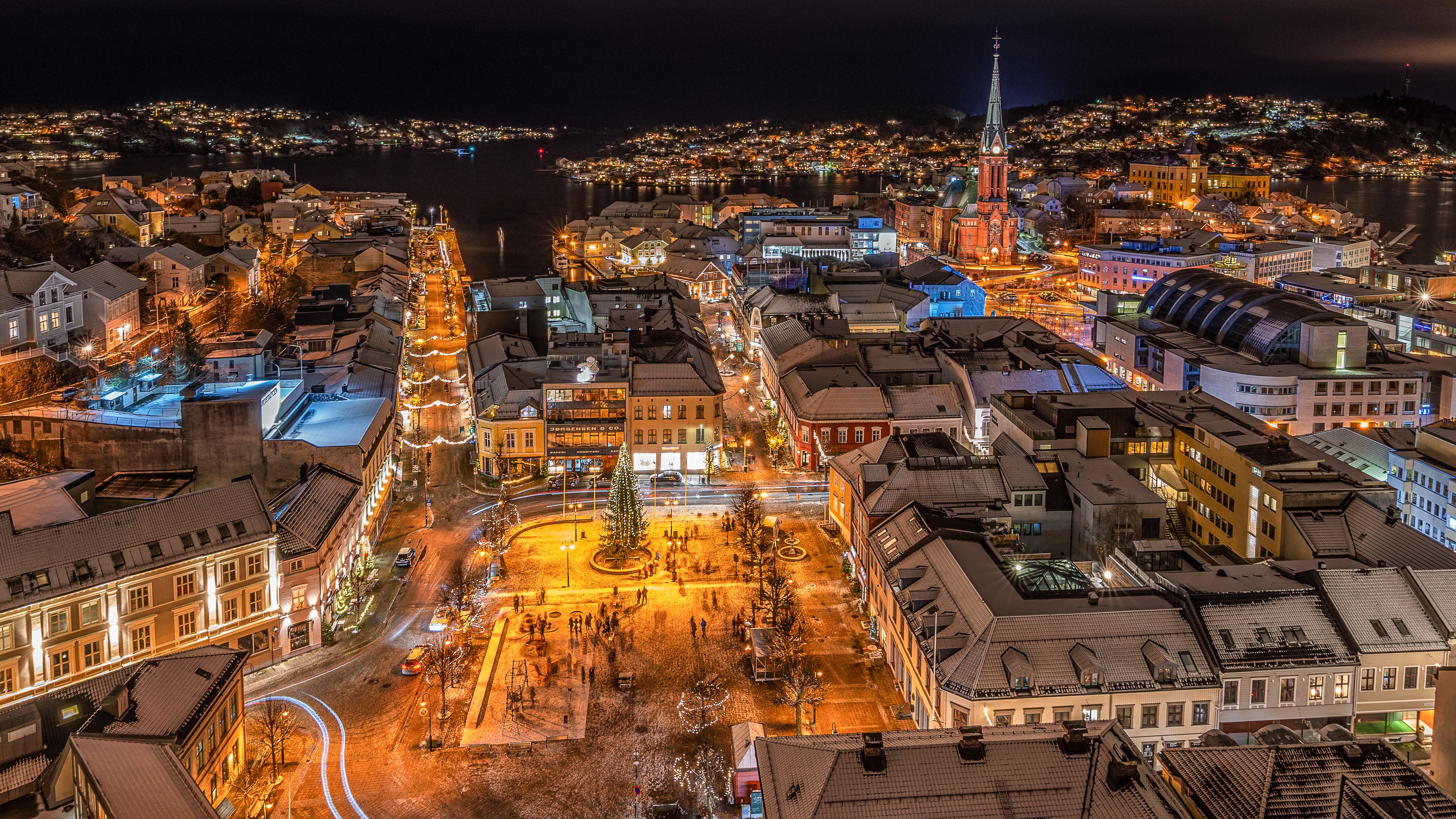 Arendal, Norway at Night with Christmas Tree HD Wallpaper