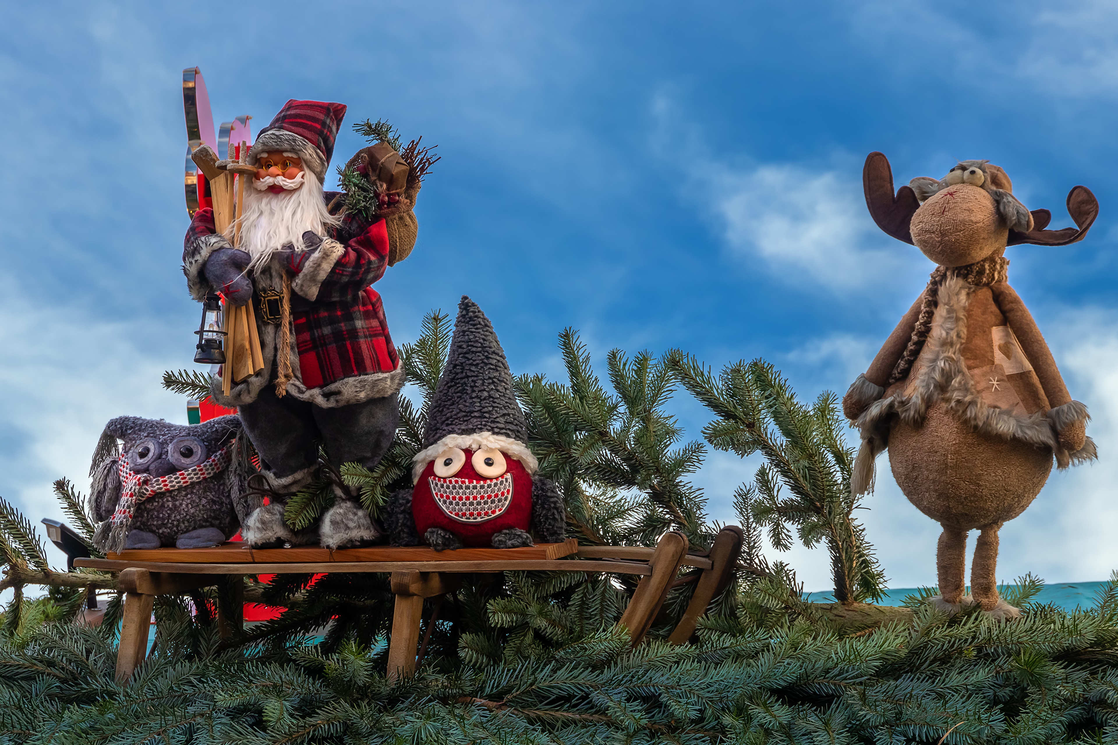 Christmas Sled with Santa Claus and Reindeer HD Wallpaper