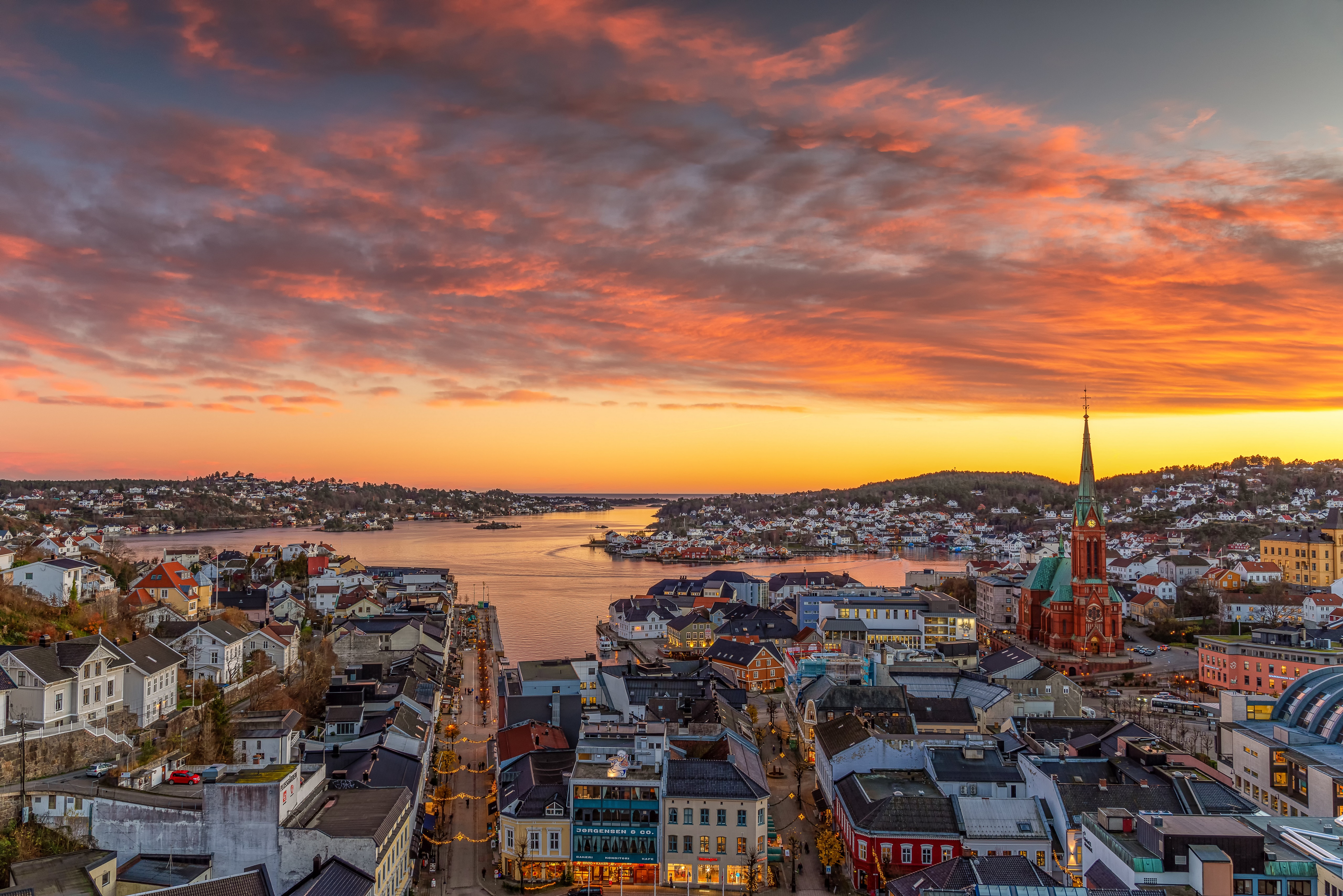 Arendal, Norway at Sunset with Church and Clouds HD Wallpaper