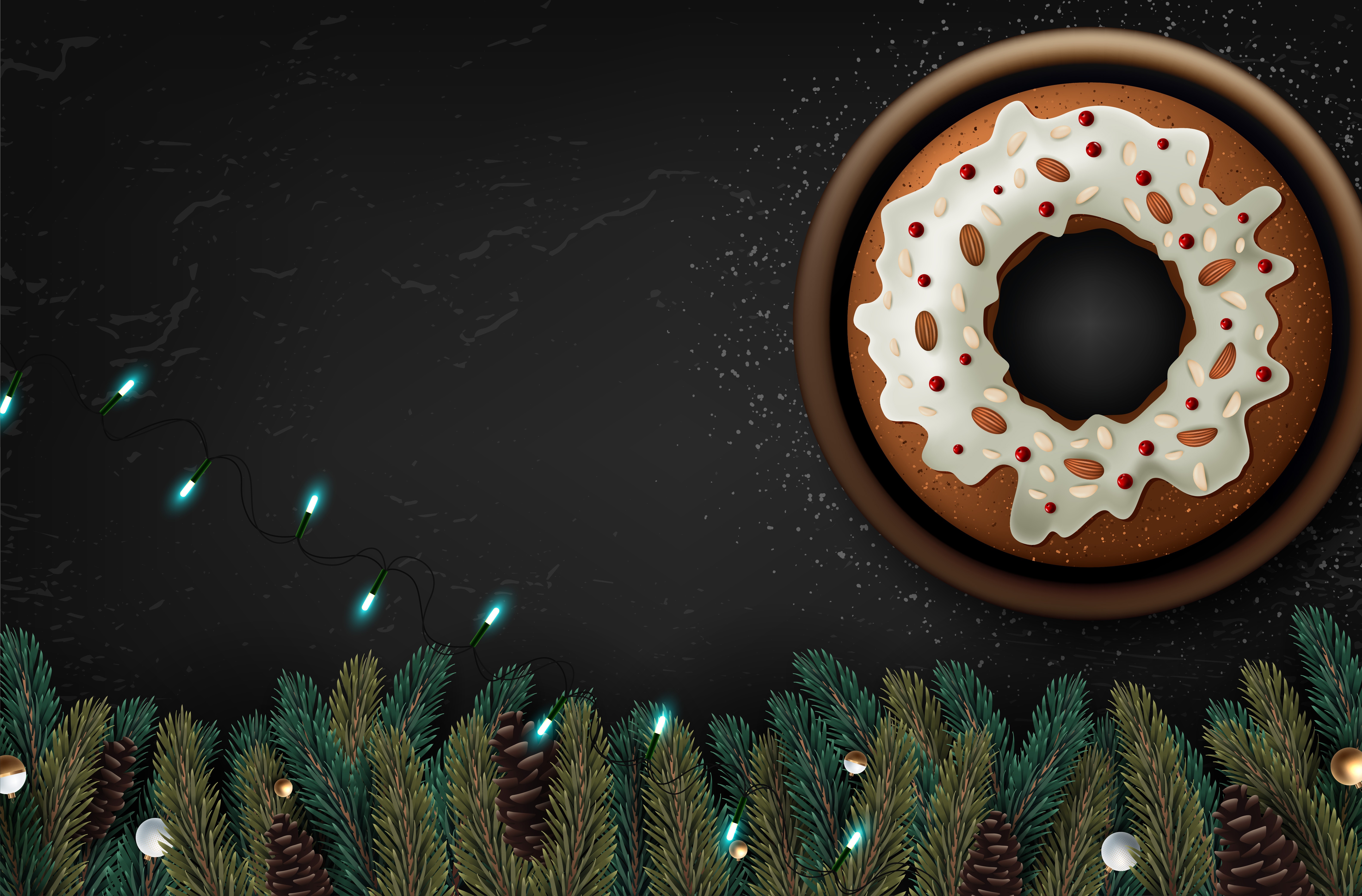 Christmas cake with nuts and berries, decorated with fairy lights and pine branches HD Wallpaper