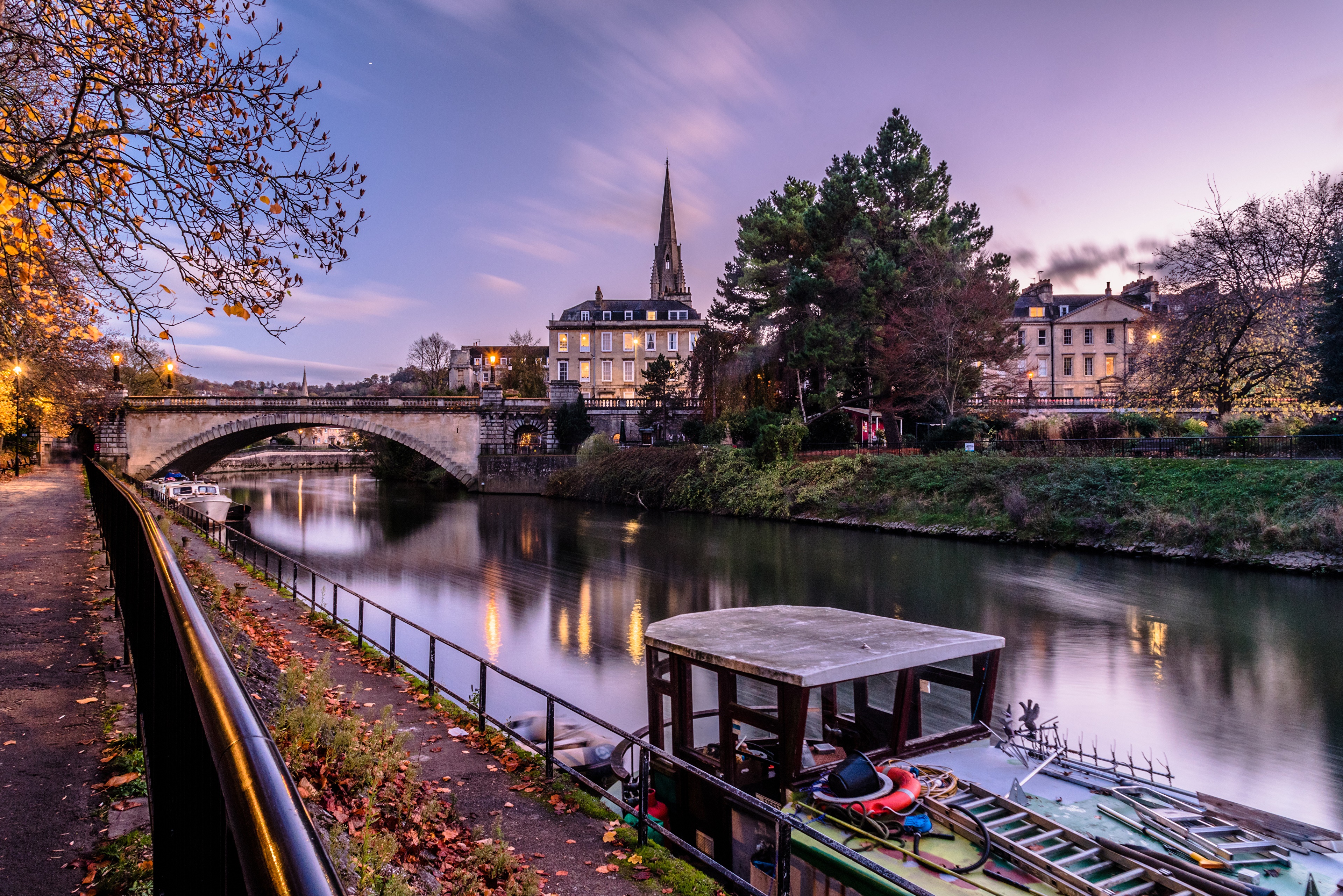 Bath England River Bridge Waterfront Autumn Evening HD Wallpaper
