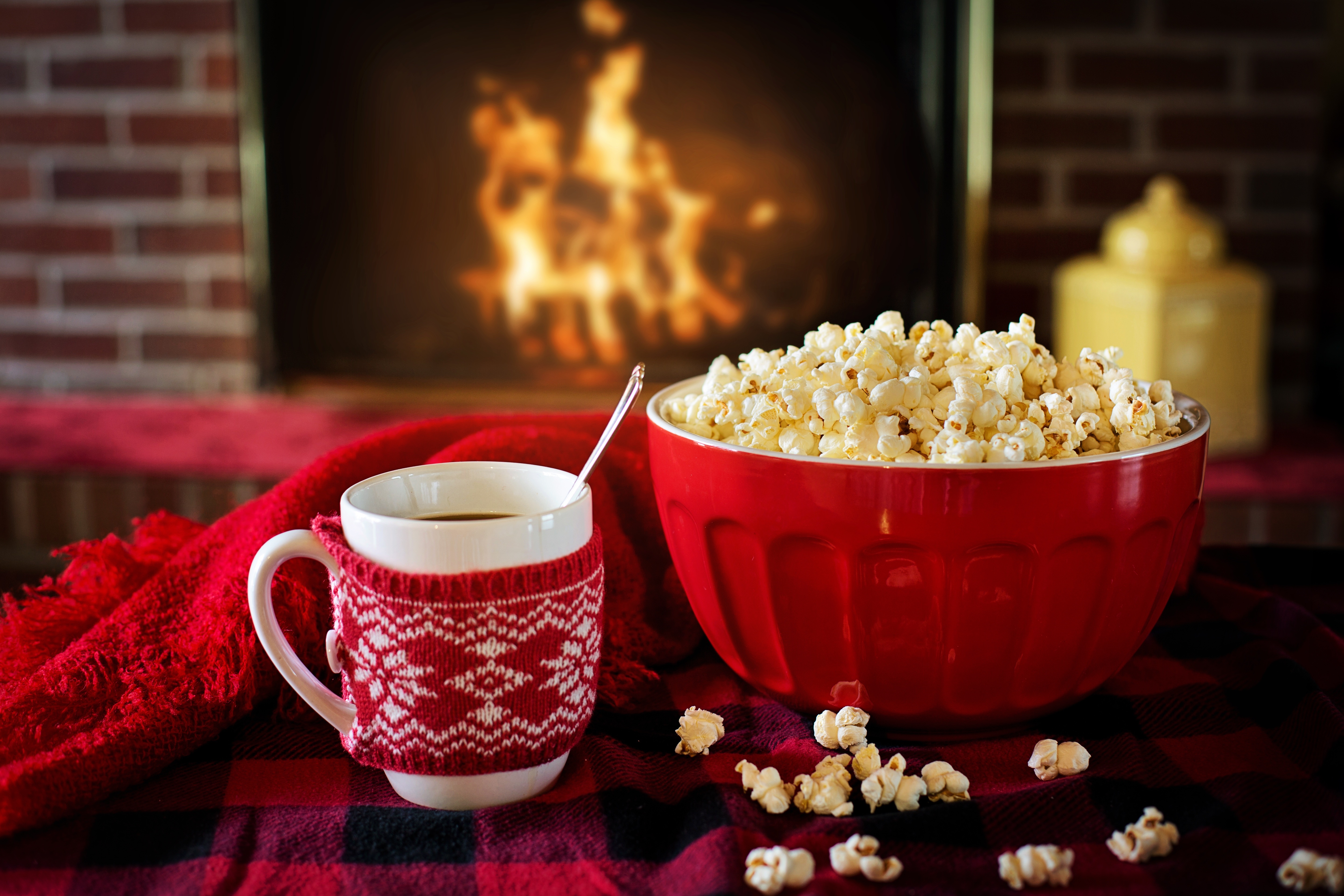 Popcorn and Coffee by a Fireplace HD Wallpaper