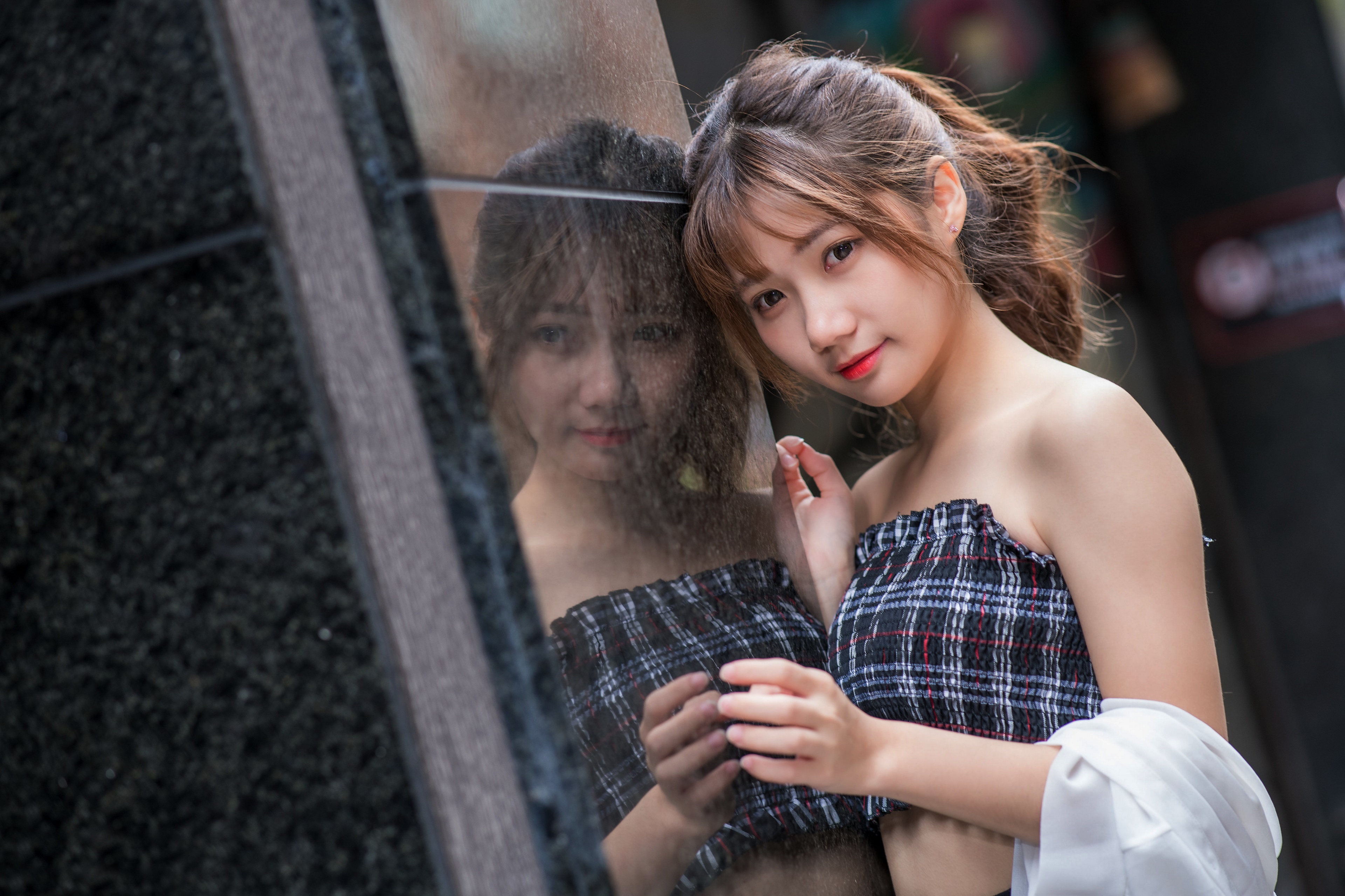 Asian woman with brown hair leaning on reflection HD Wallpaper