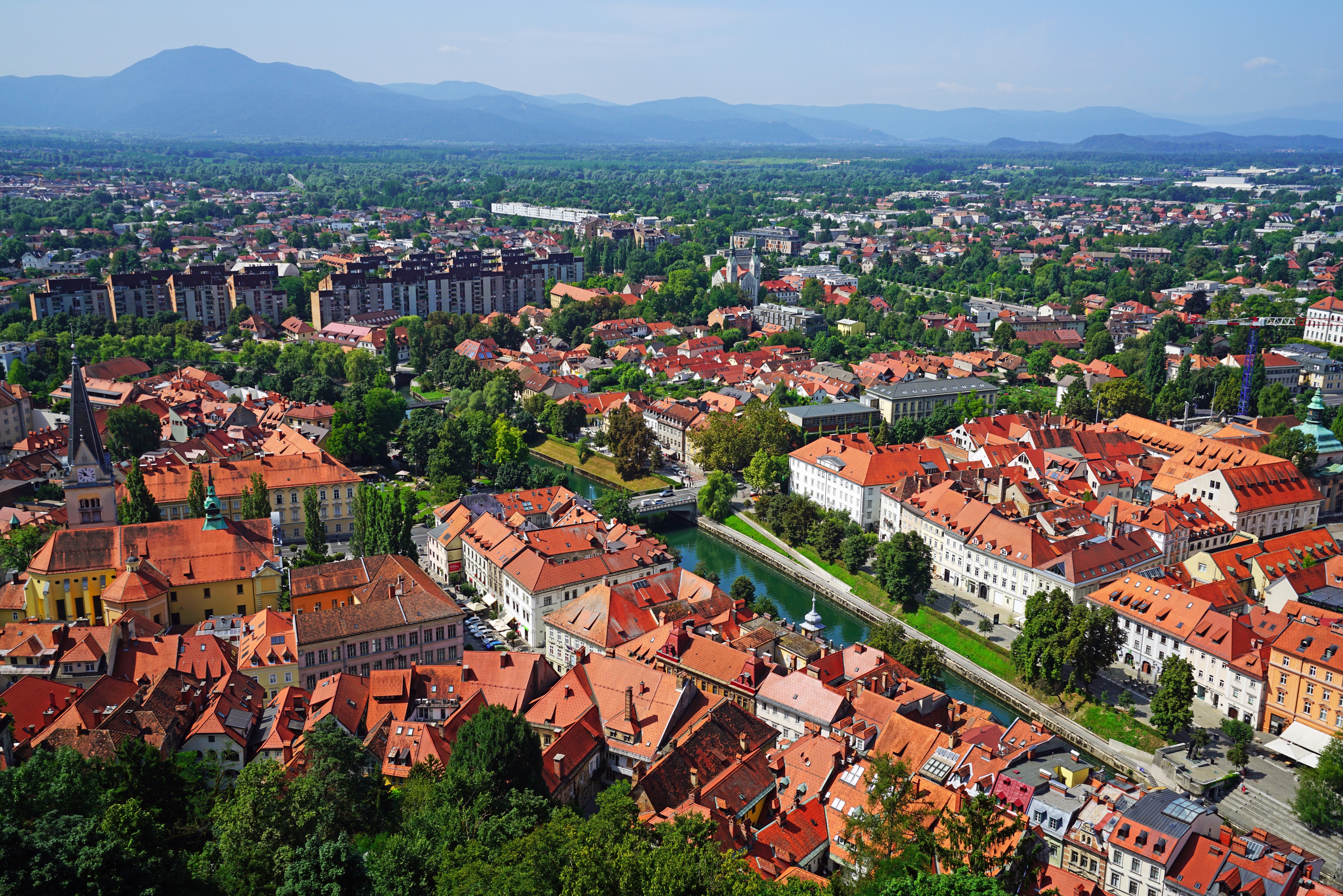 Ljubljana, Slovenia: Aerial View of Cityscape with River and Mountains HD Wallpaper