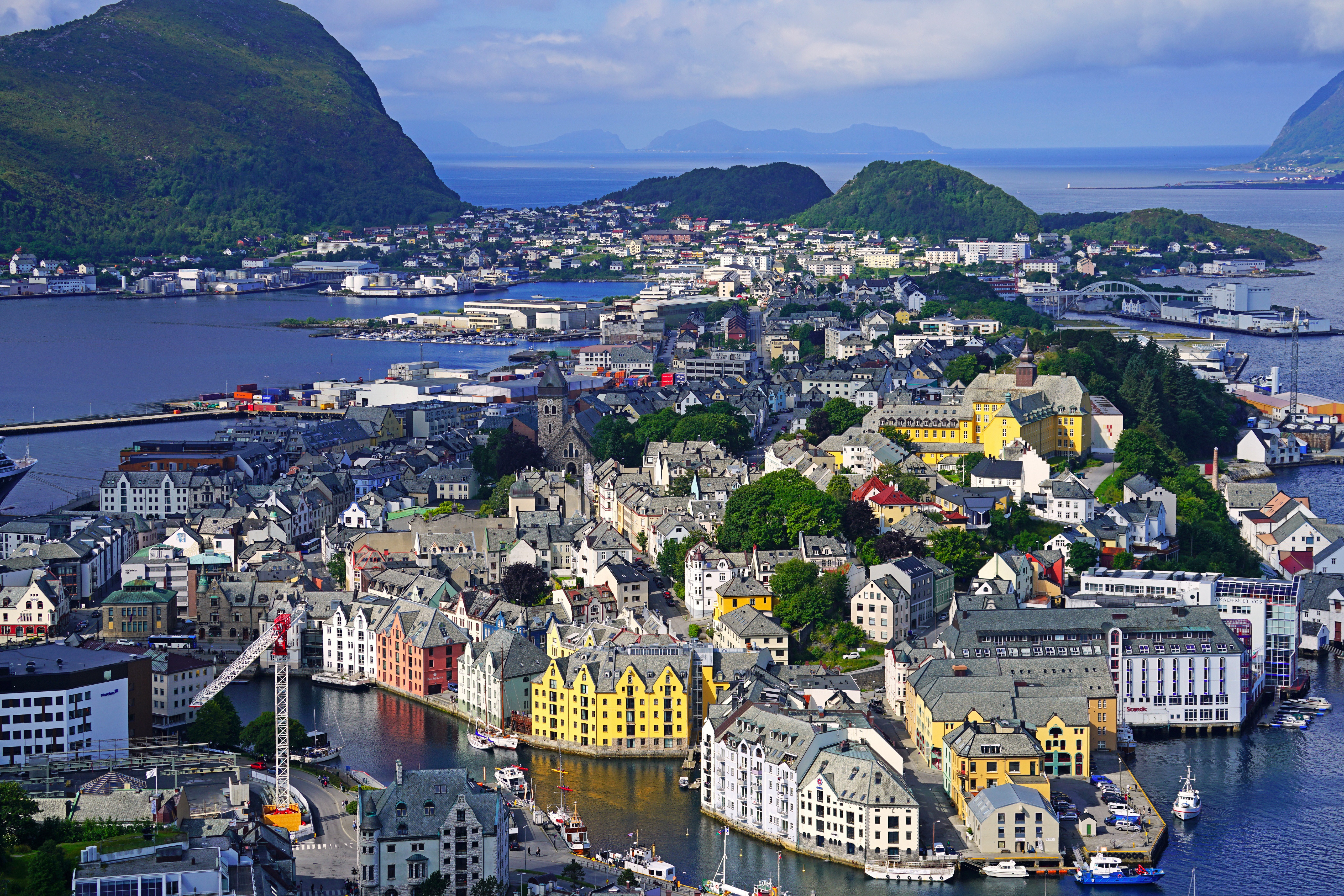Alesund, Norway from above with mountains and sea HD Wallpaper