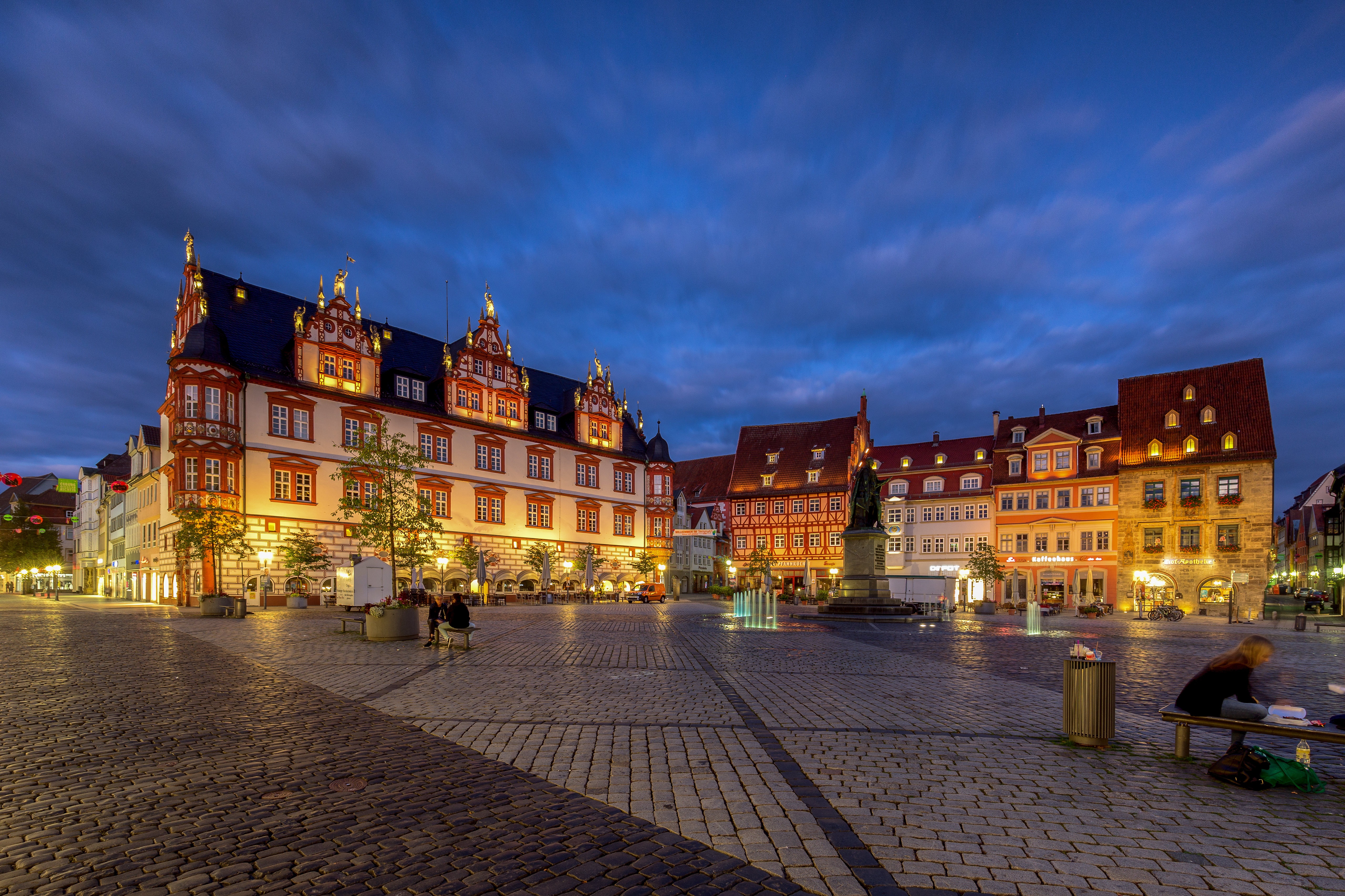Coburg Town Square with historic buildings and monument HD Wallpaper
