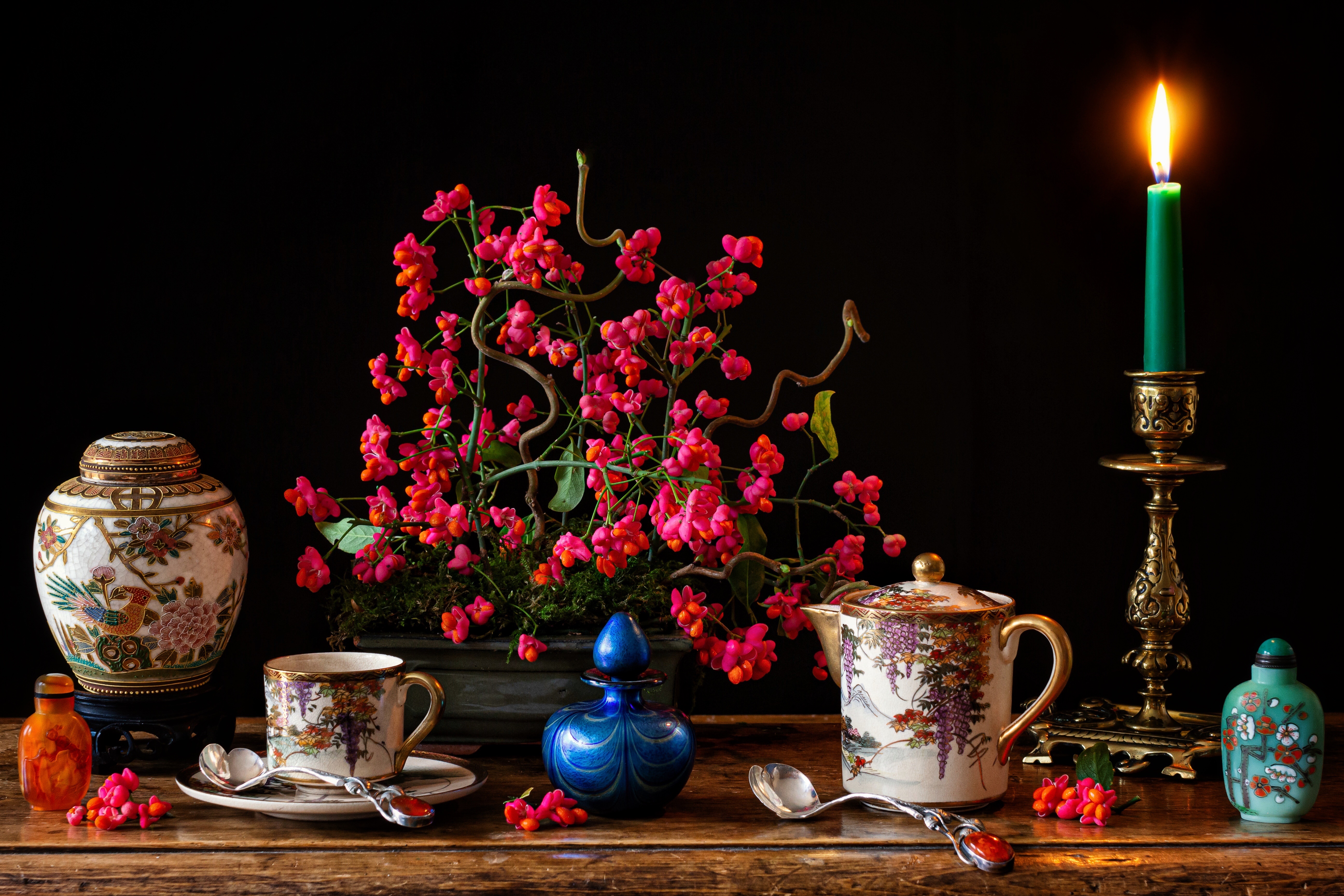Still-life with Euonymus, Kettle, Cup, Spoon, and Candle HD Wallpaper