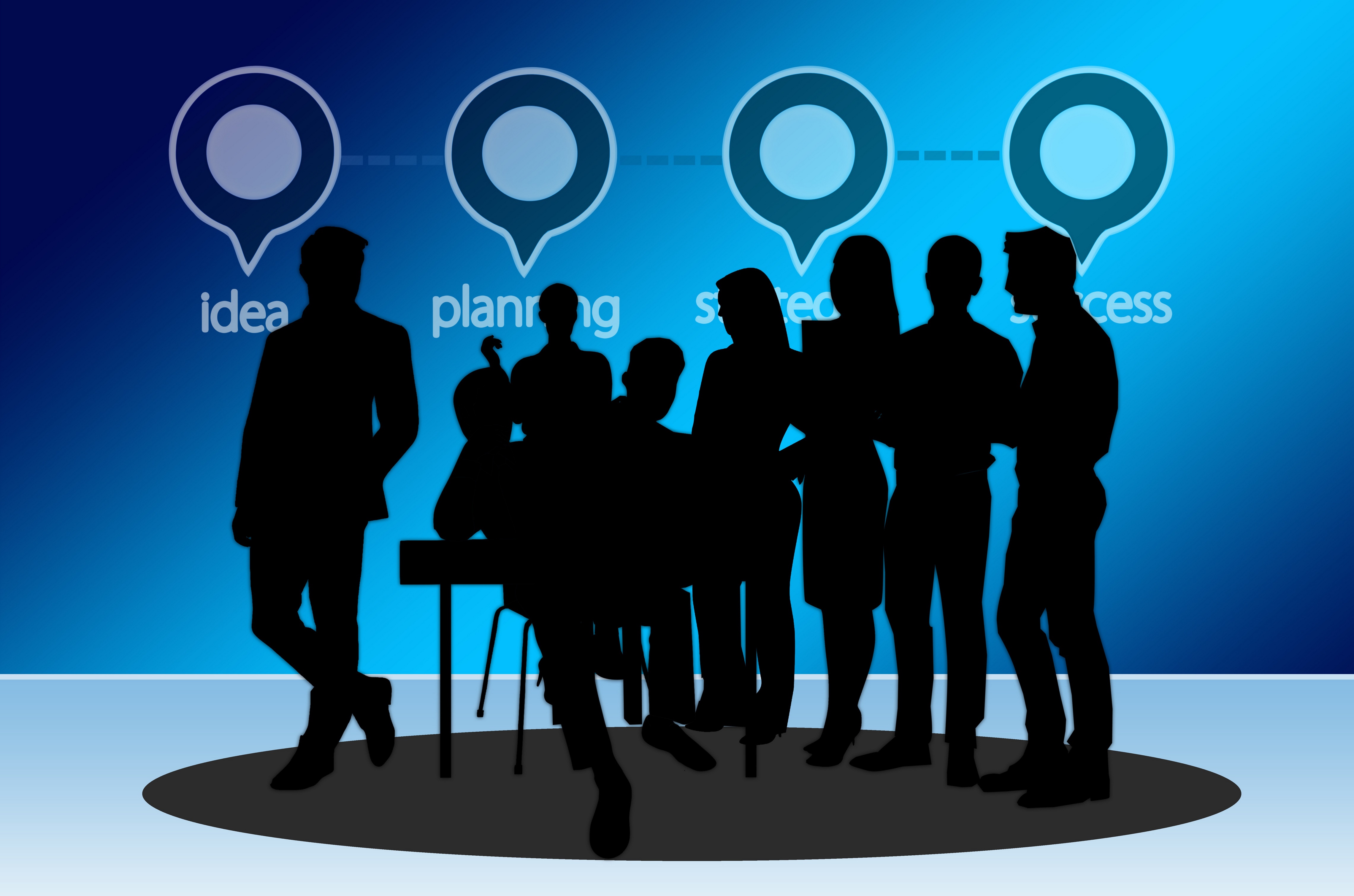 Business people in silhouette with process icons HD Wallpaper