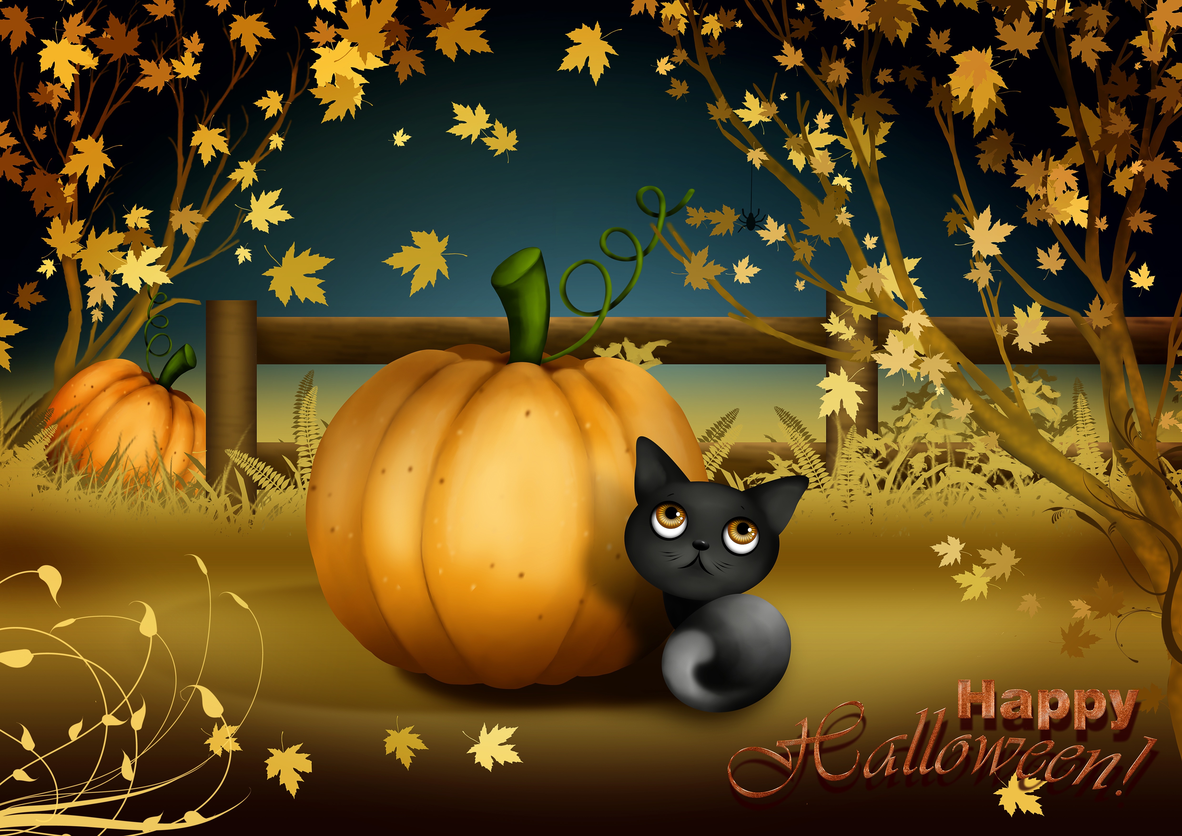 4K Halloween Pumpkin and Black Cat HD Wallpaper