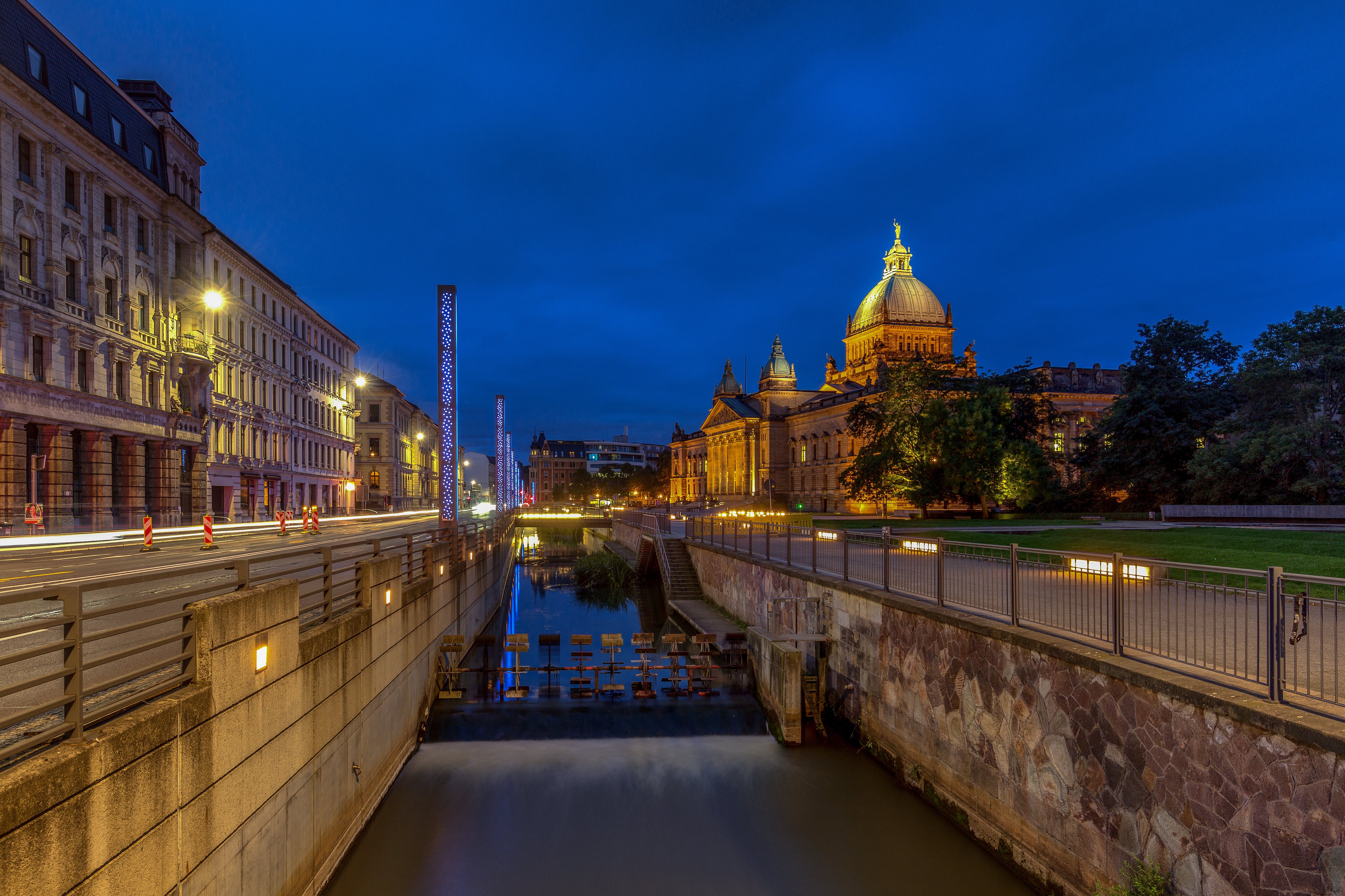 Leipzig Germany Canal and Federal Administrative Court at Night HD Wallpaper