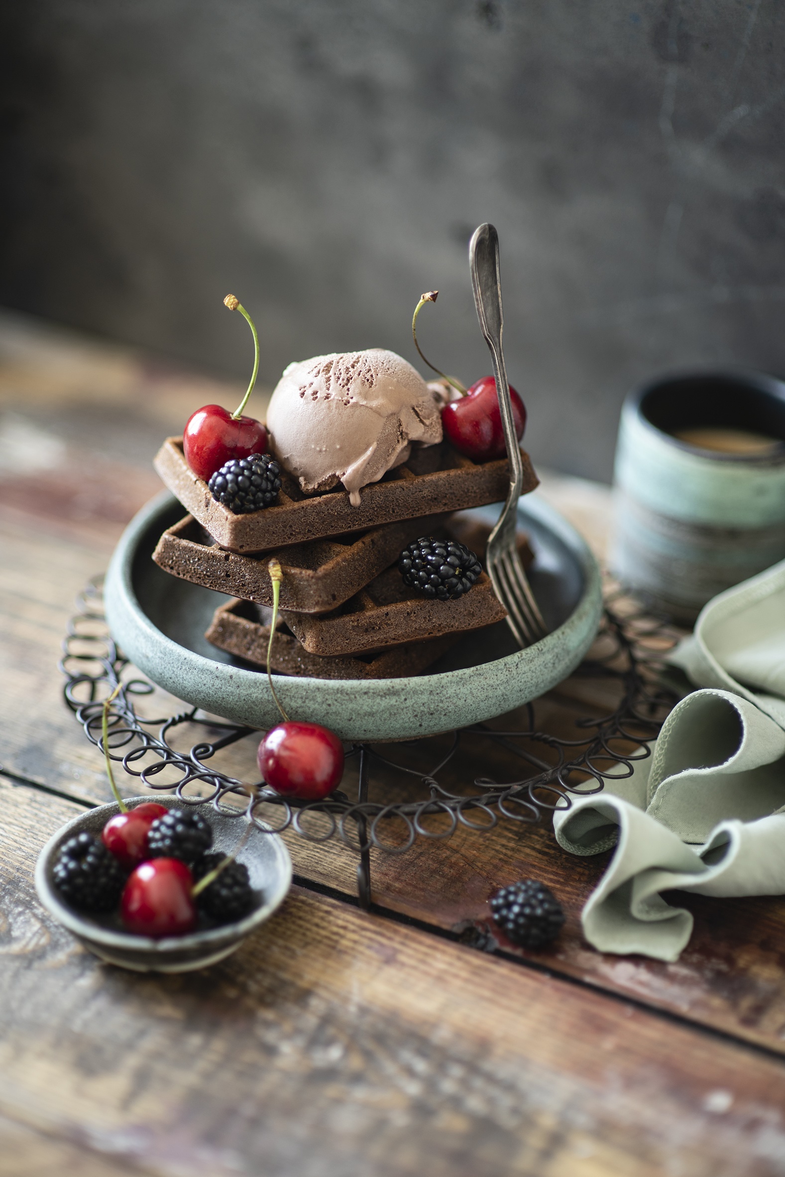 Chocolate waffles with ice cream and berries HD Phone Wallpaper