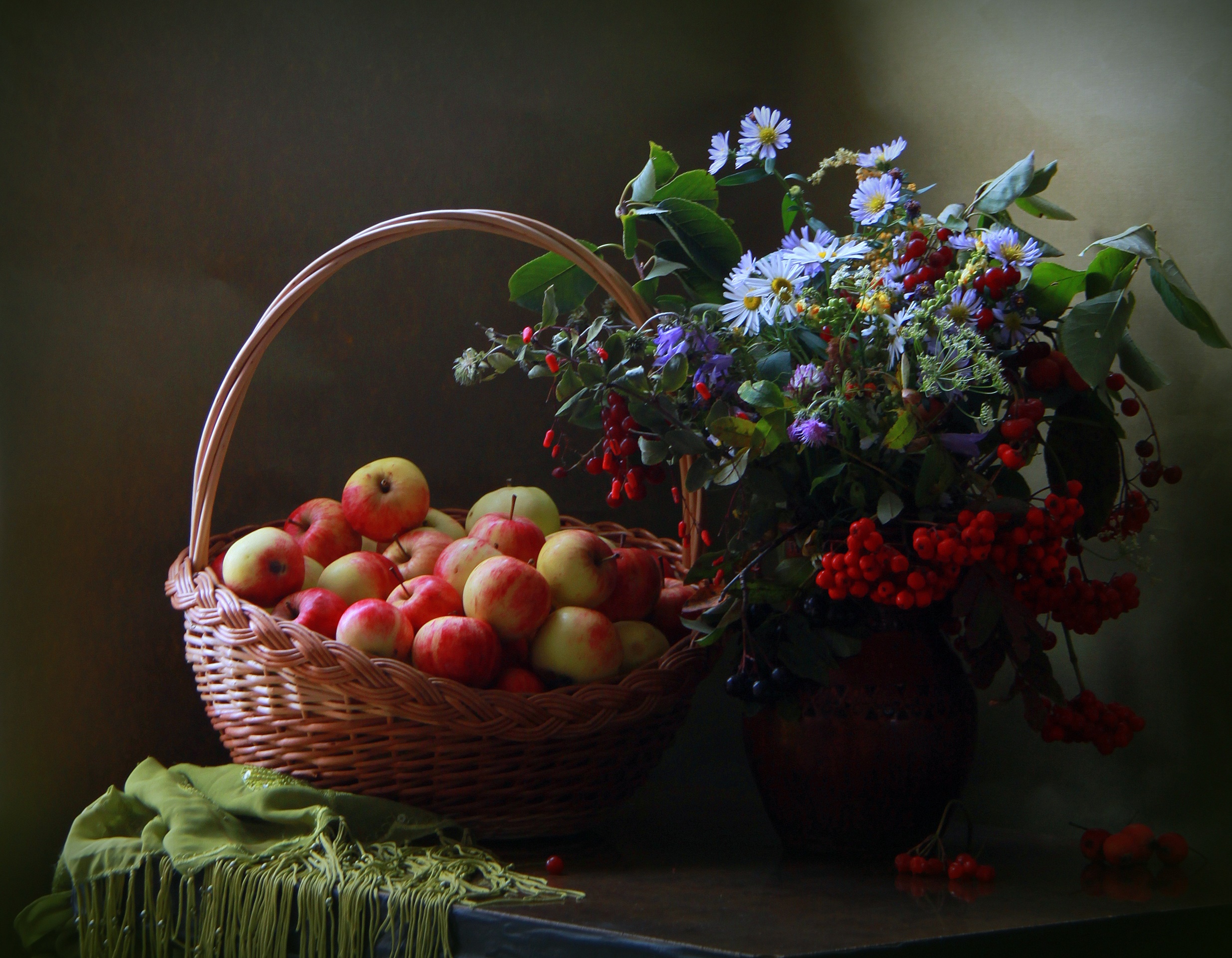 Still-life with apples in a wicker basket and flowers HD Wallpaper