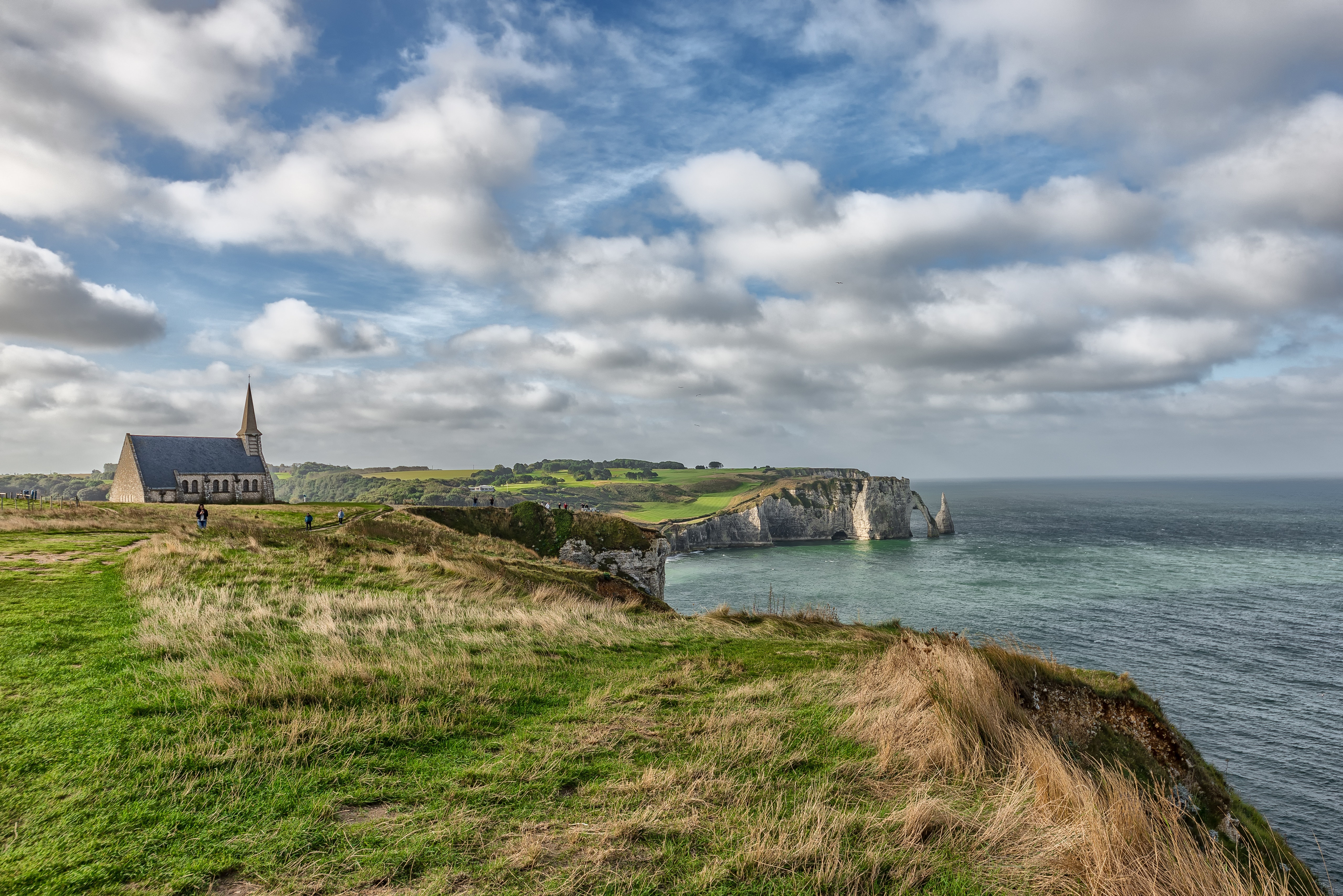 Chapel on the cliffs of Etretat, France HD Wallpaper