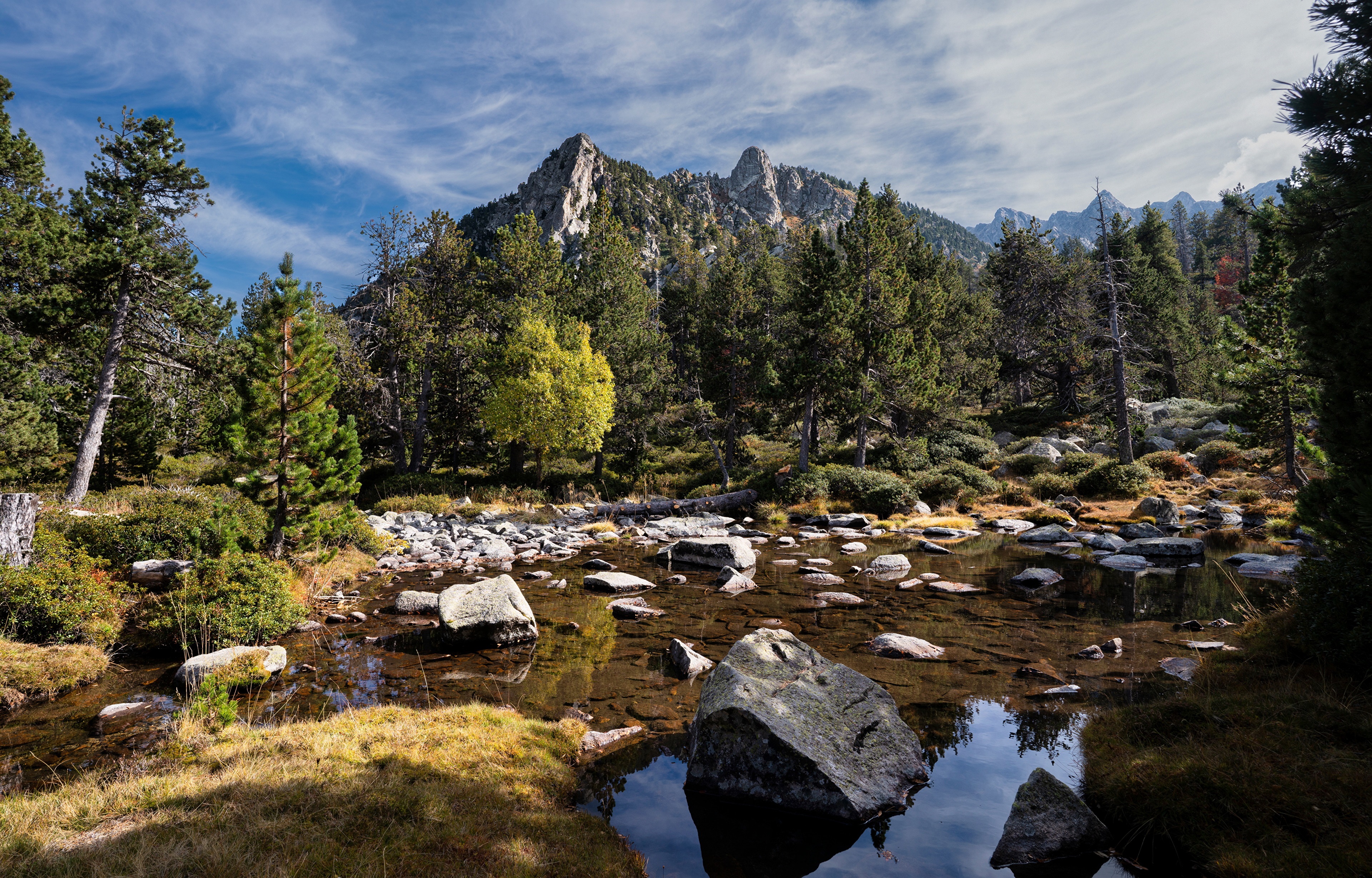 Madriu Valley Mountains with Trees and Stones, Andorra HD Wallpaper