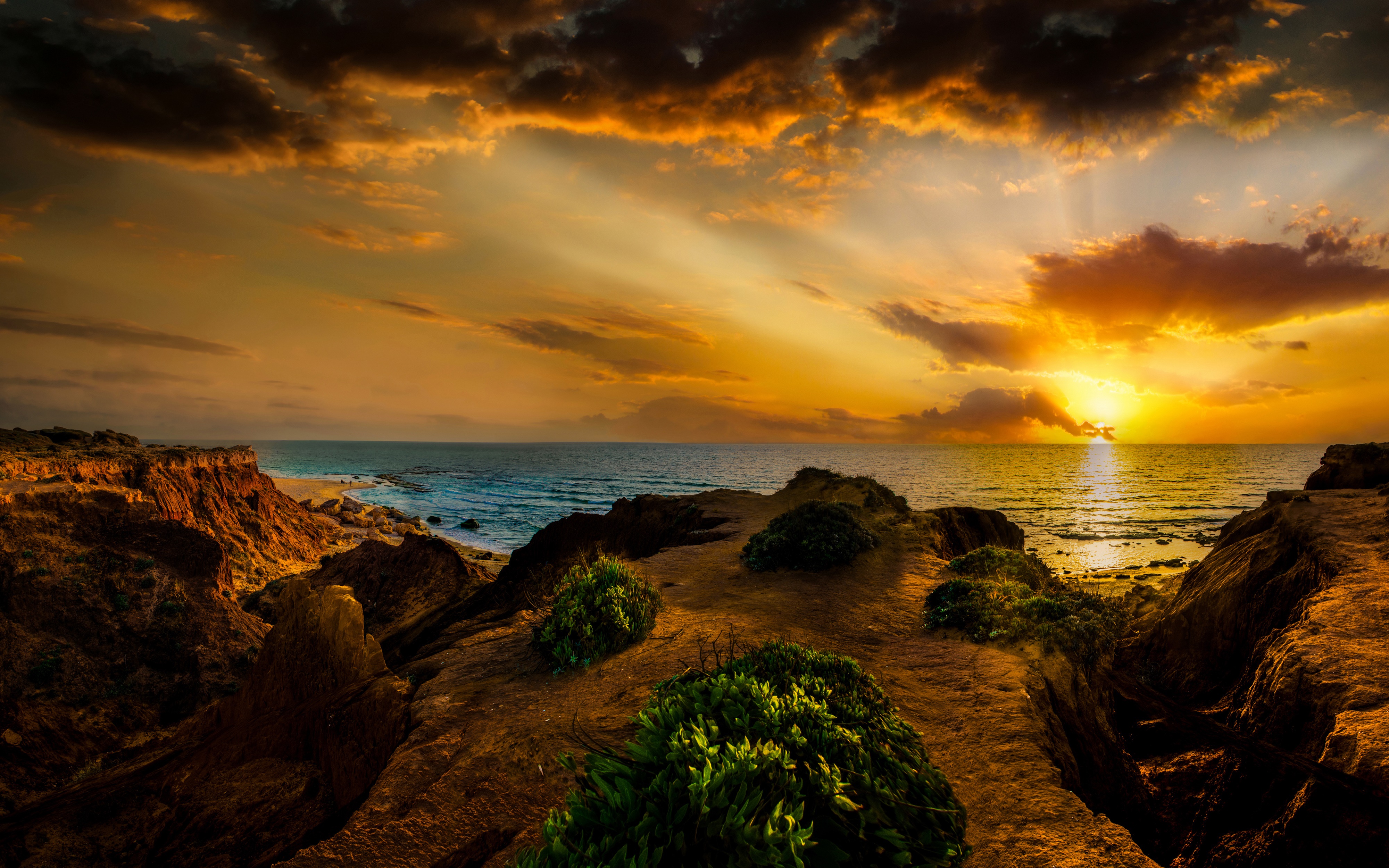 4K Mikhmoret Israel Sunset Coast Sea Sky Clouds HD Wallpaper