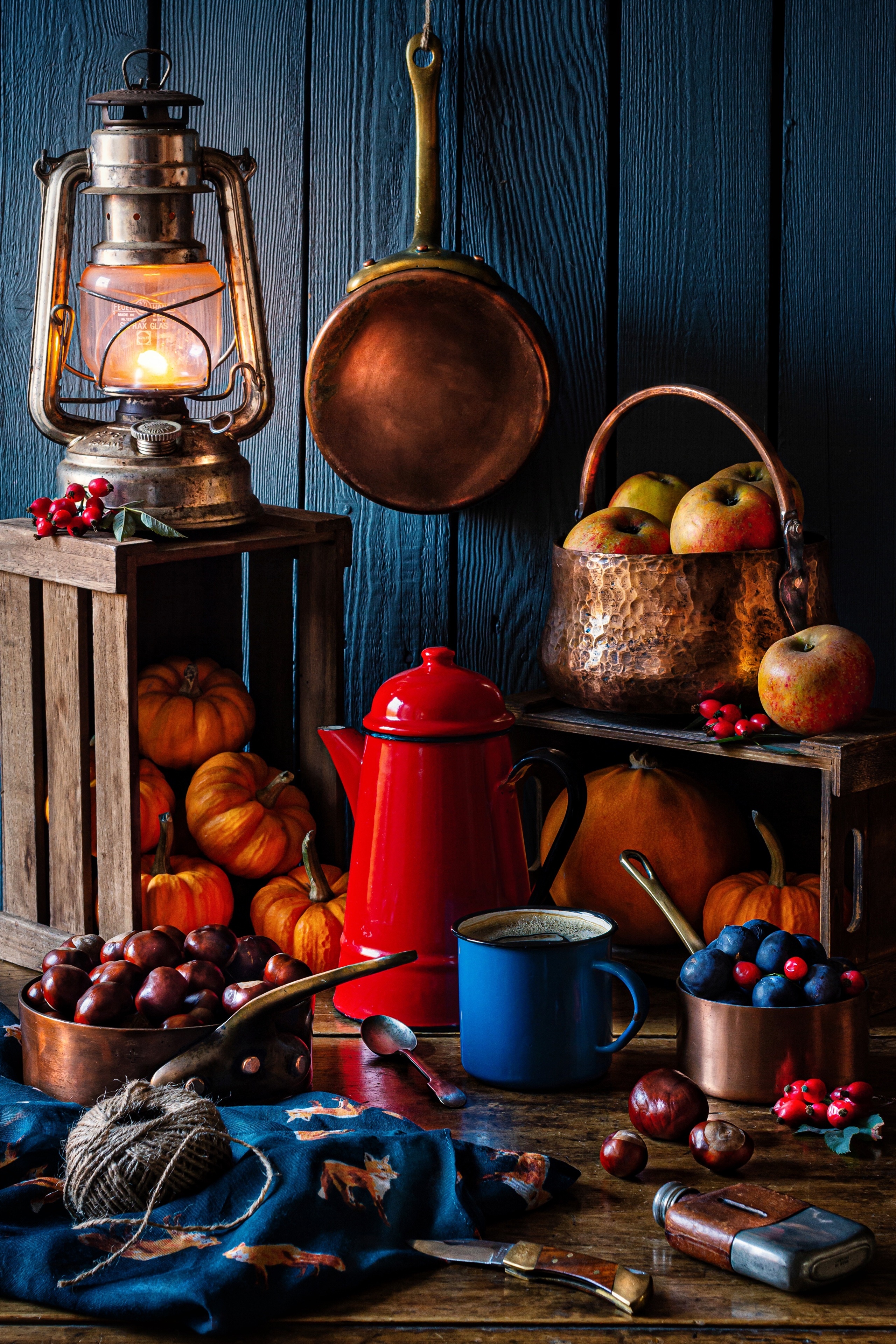 Autumn still life with pumpkins, apples, and lantern HD Phone Wallpaper