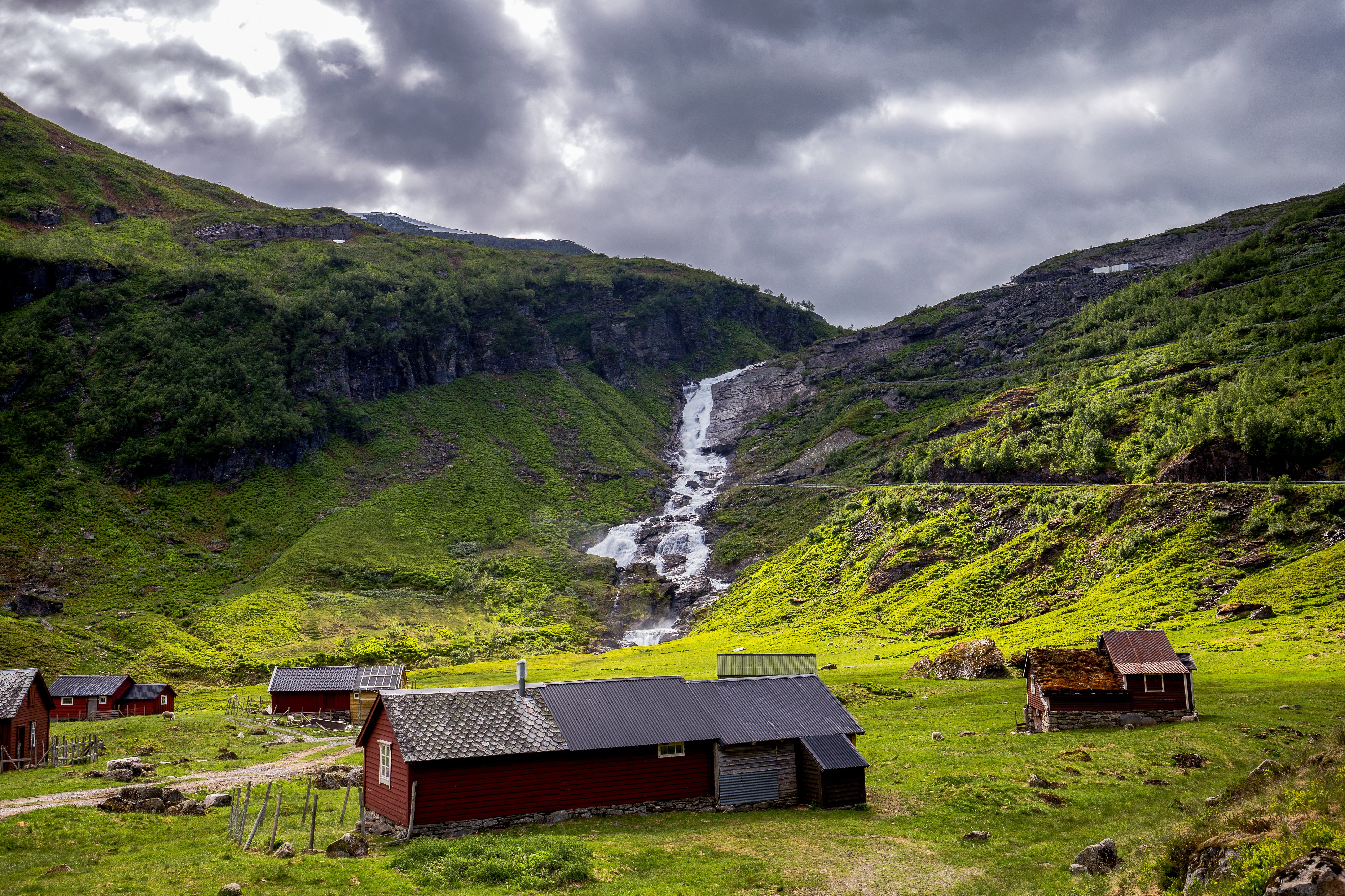 Norway Mountains Waterfall and Village HD Wallpaper