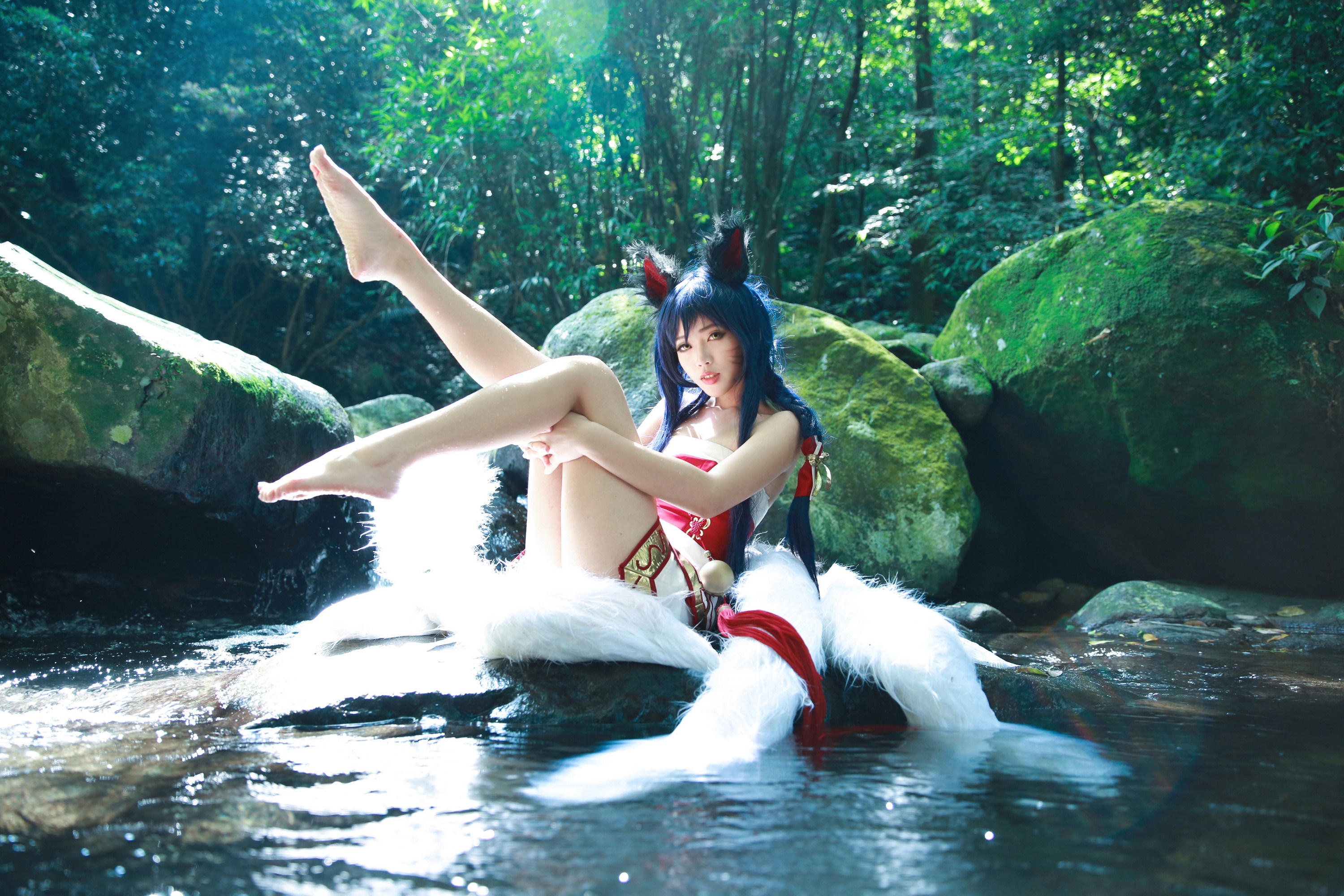 Ahri from League of Legends Cosplay in a Forest Stream HD Wallpaper