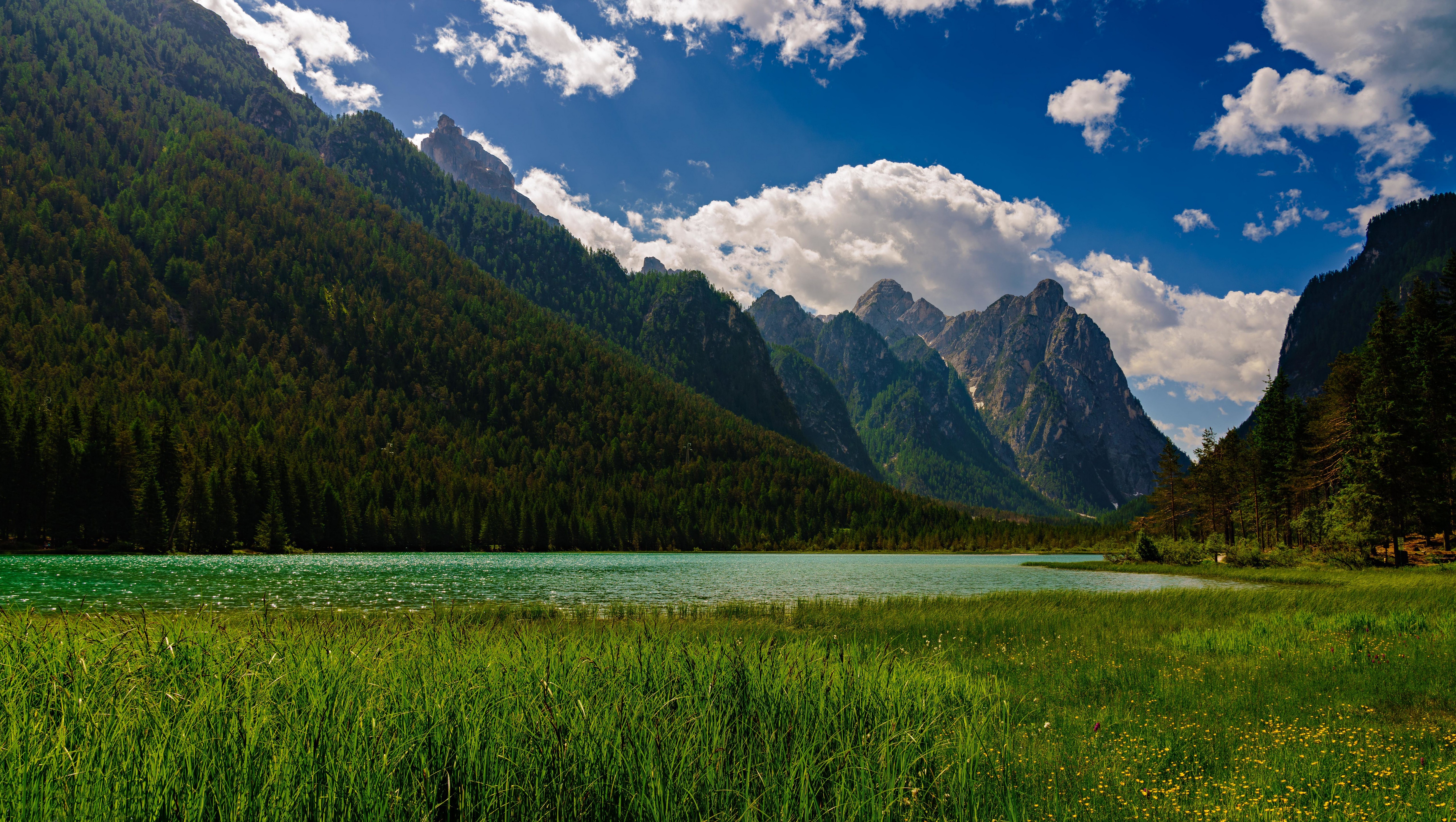 Lake Dobbiaco, Italy, Alps Mountains Scenery HD Wallpaper