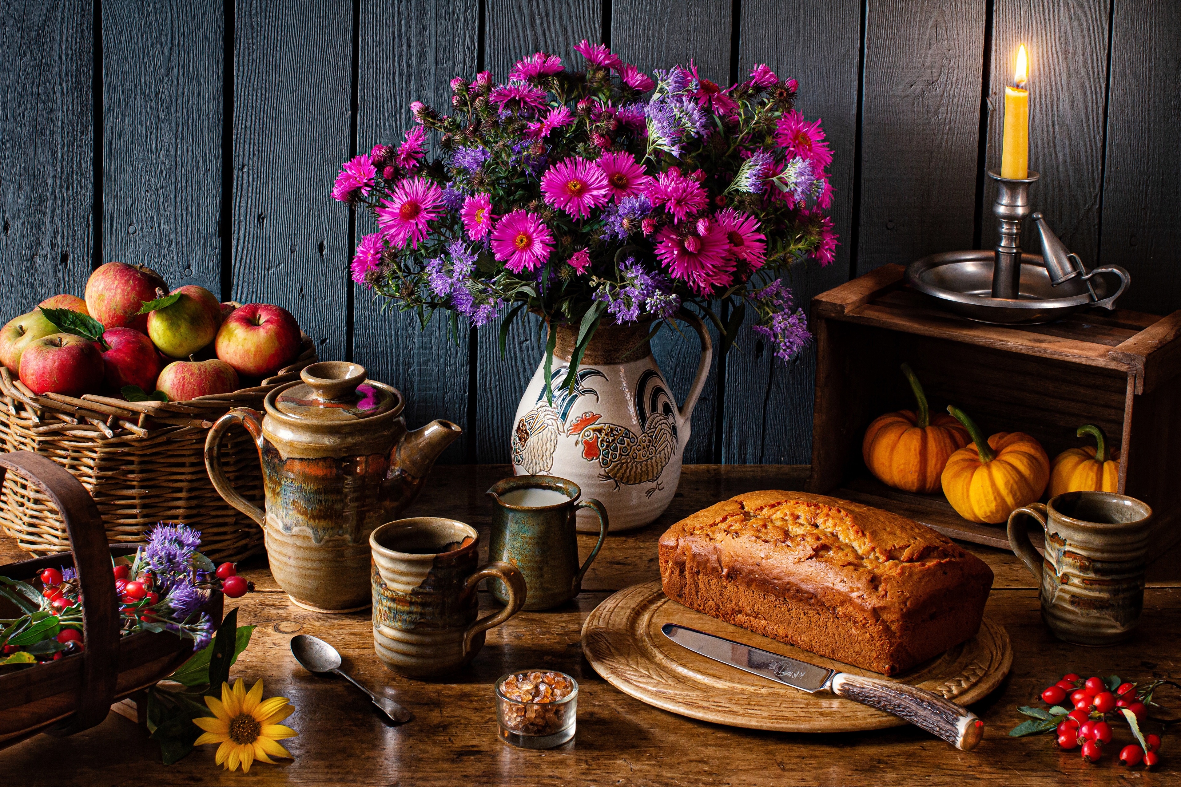 Still-life with apples, bread, flowers, and candle HD Wallpaper