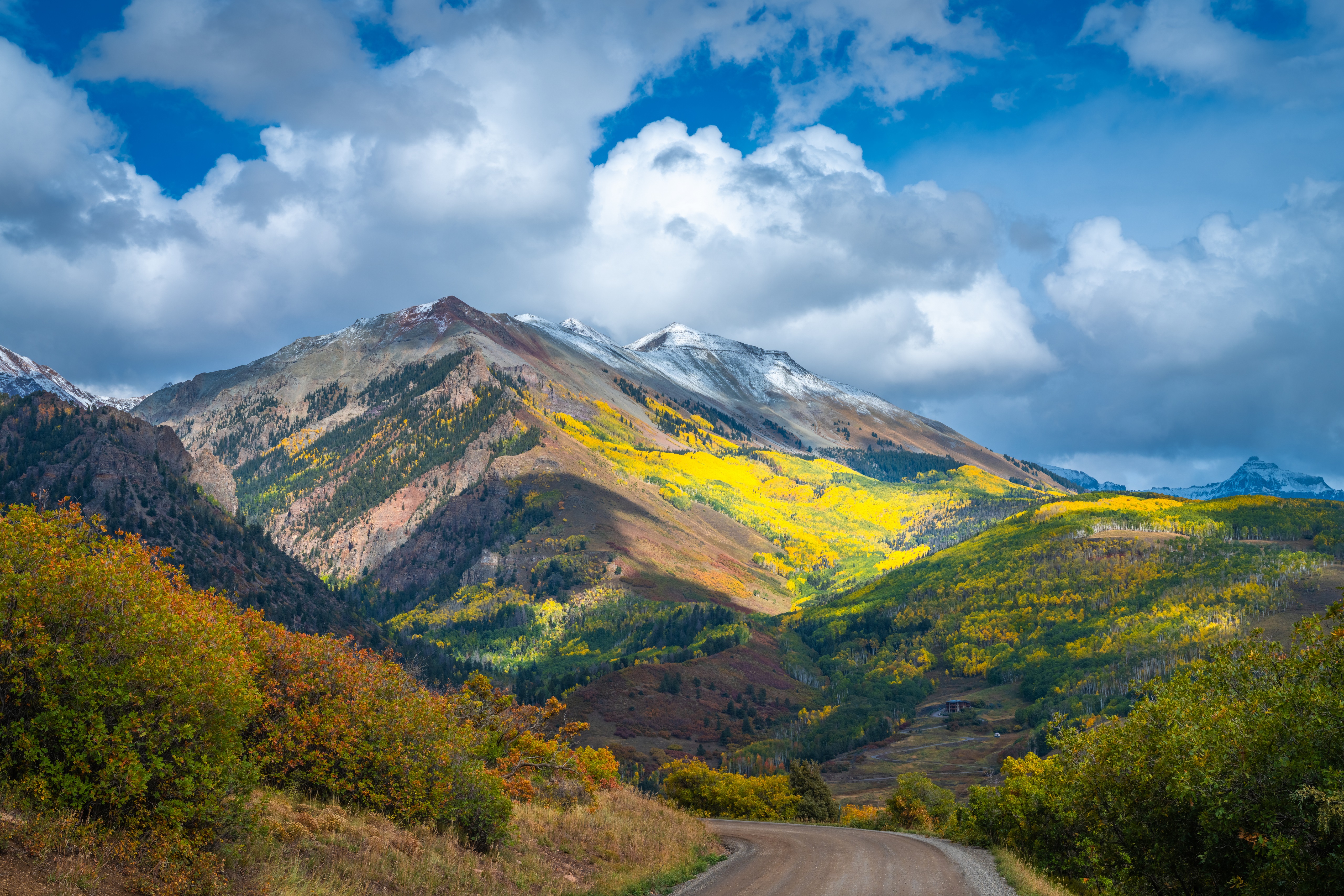 Colorado Mountains in Autumn with Road and Clouds HD Wallpaper