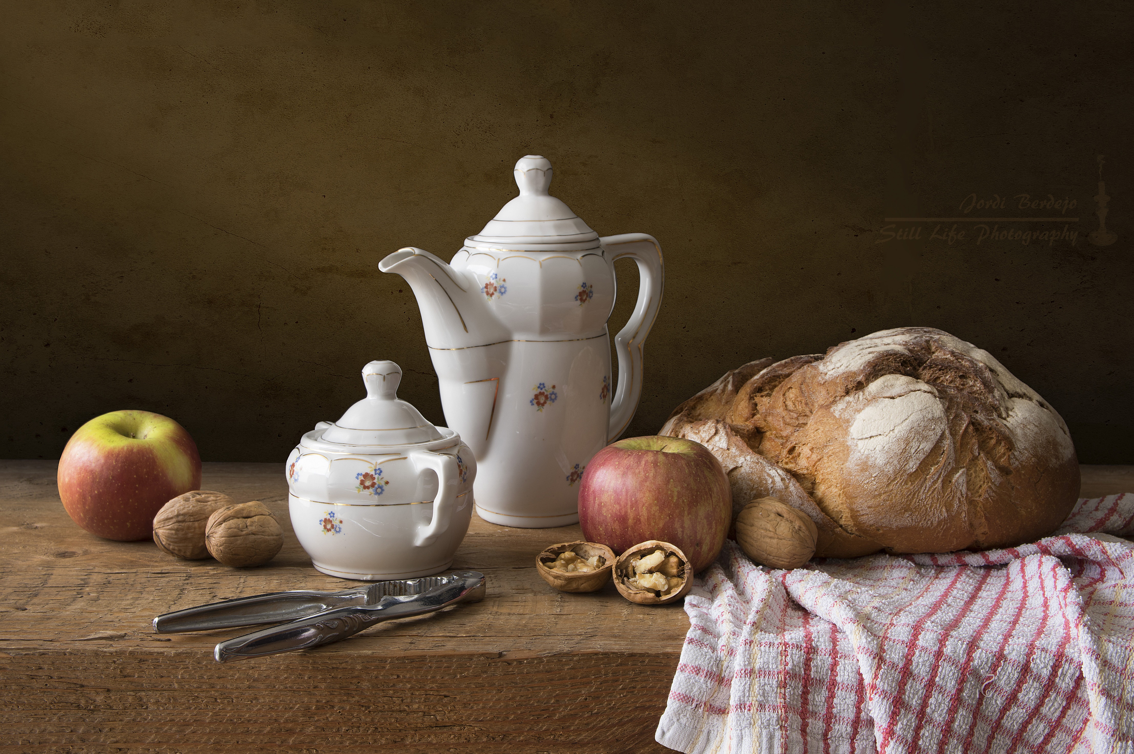 Still Life with Kettle, Bread, Apples, and Walnuts HD Wallpaper