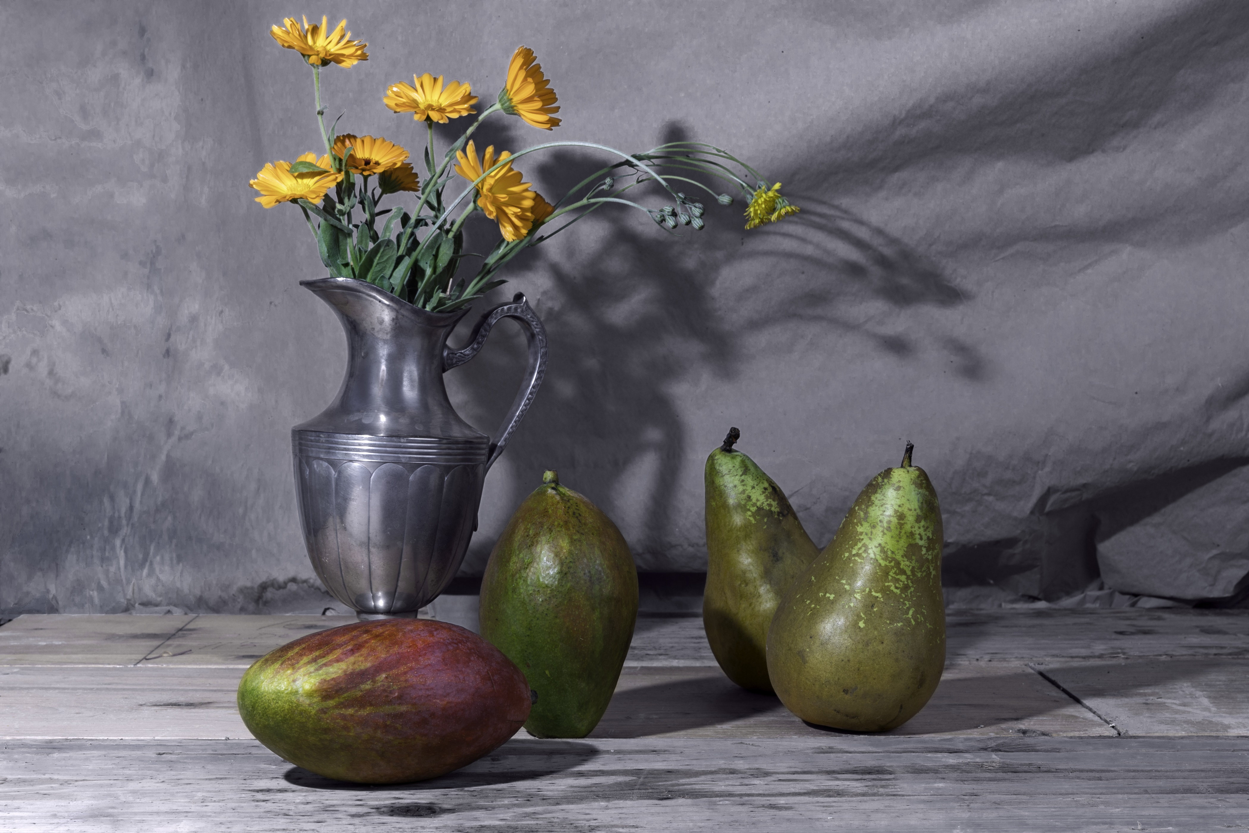 Still-life with Tagetes, Pears, Mango, and Vase HD Wallpaper