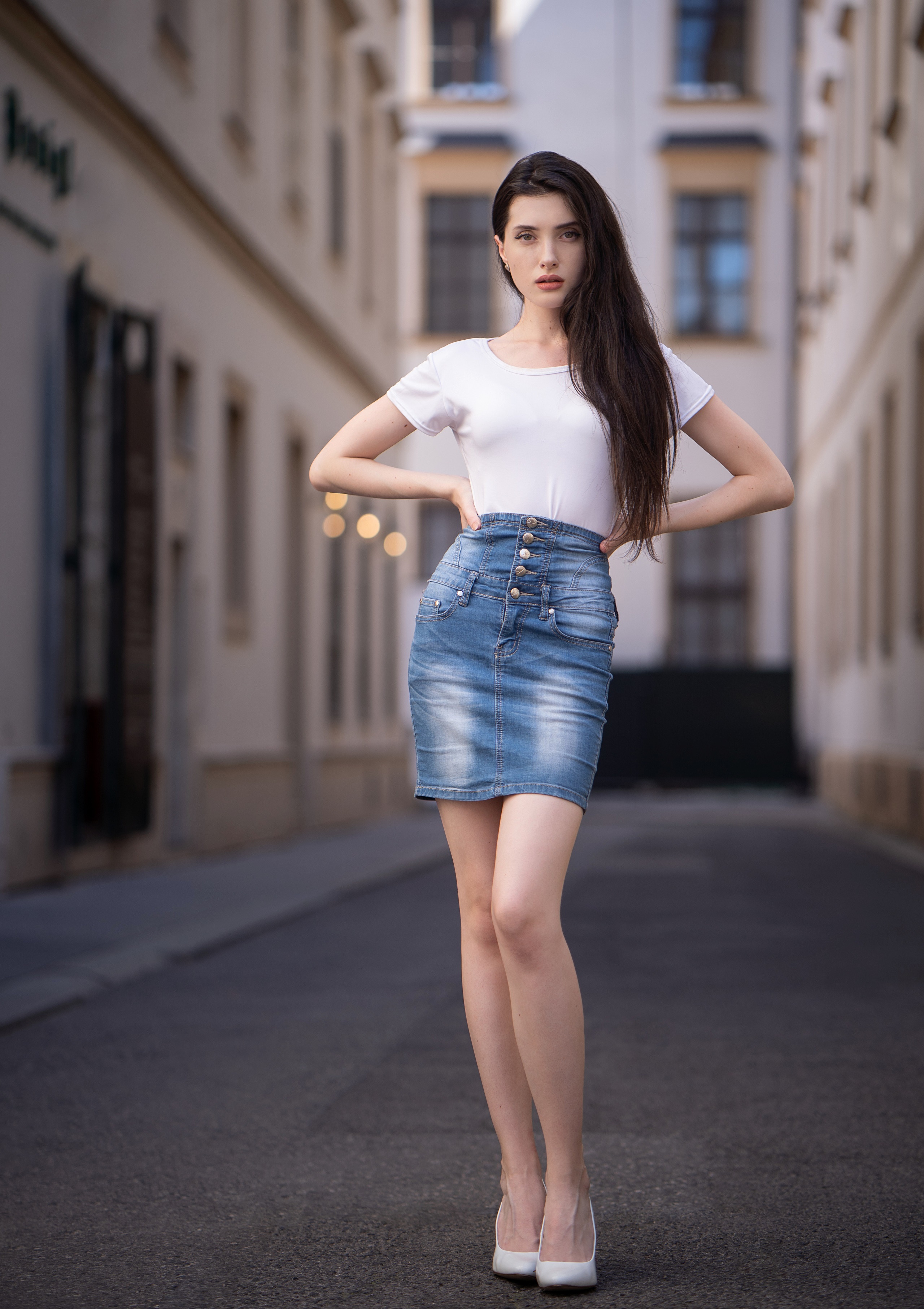Anastasia in a white t-shirt and denim skirt HD Phone Wallpaper