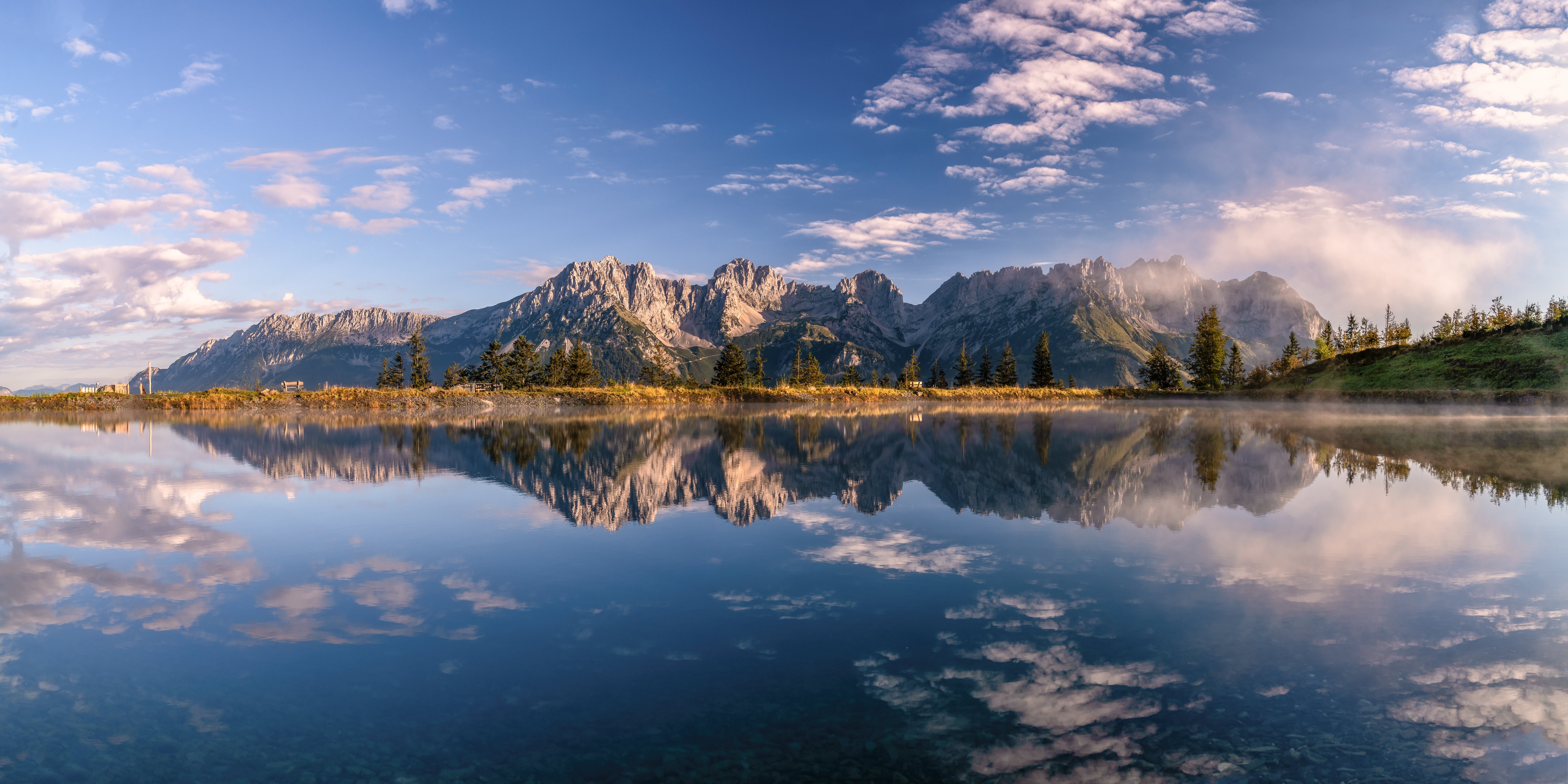 Kaisergebirge Mountains reflected in a lake in Austria HD Wallpaper