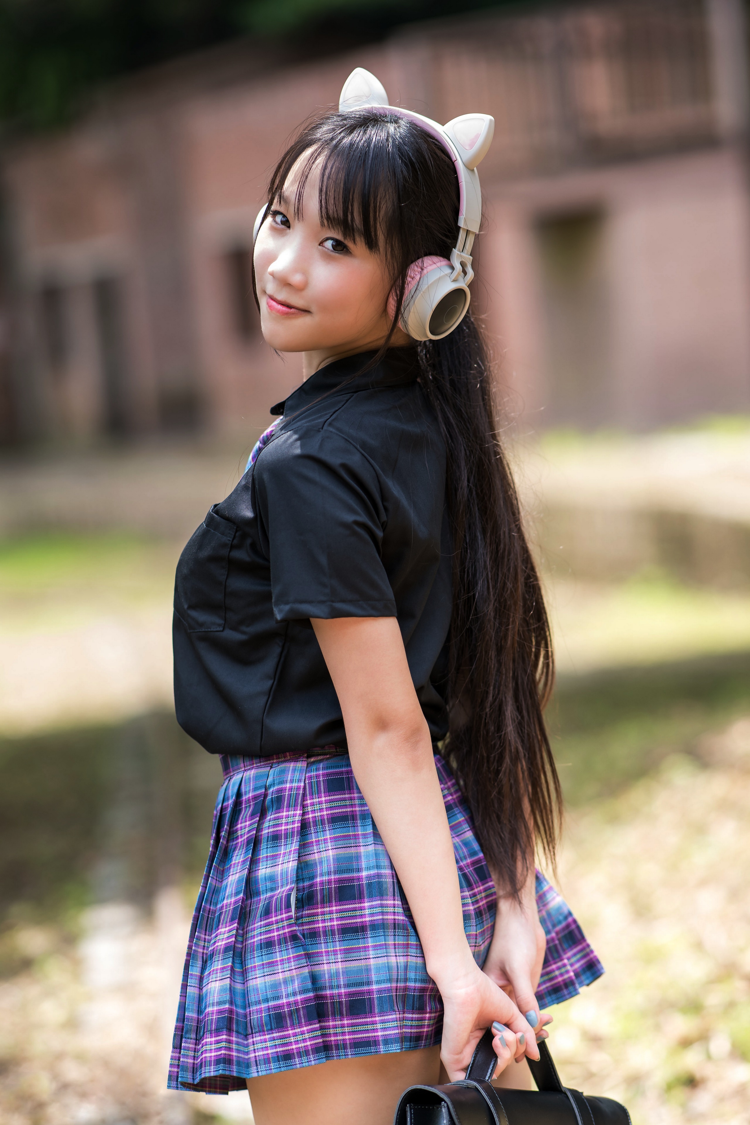 Asian Pose Schoolgirls Uniform Headphones Glance HD Phone Wallpaper