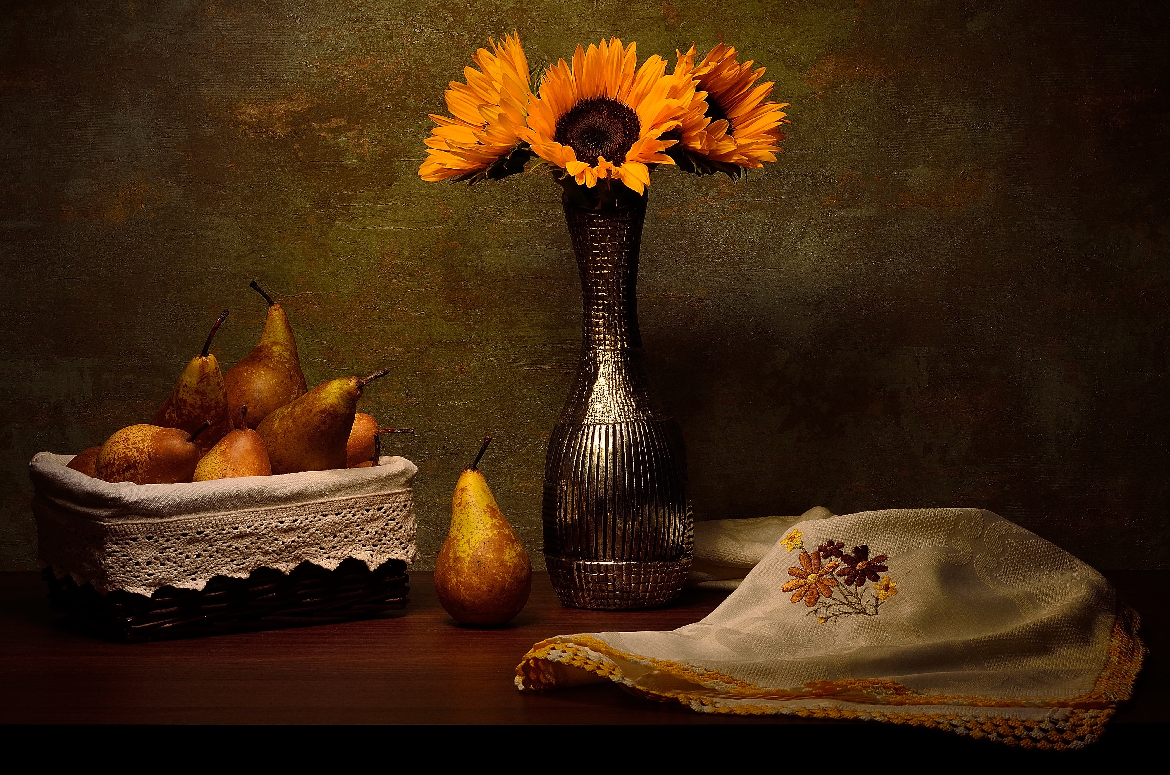 Still-life with Sunflowers, Pears, and Vase HD Wallpaper